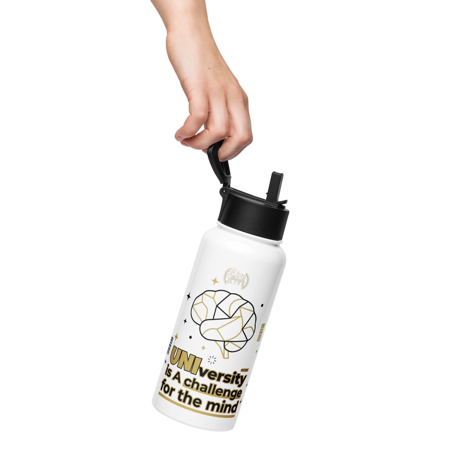 White water bottle with black lid held by a hand on a white background