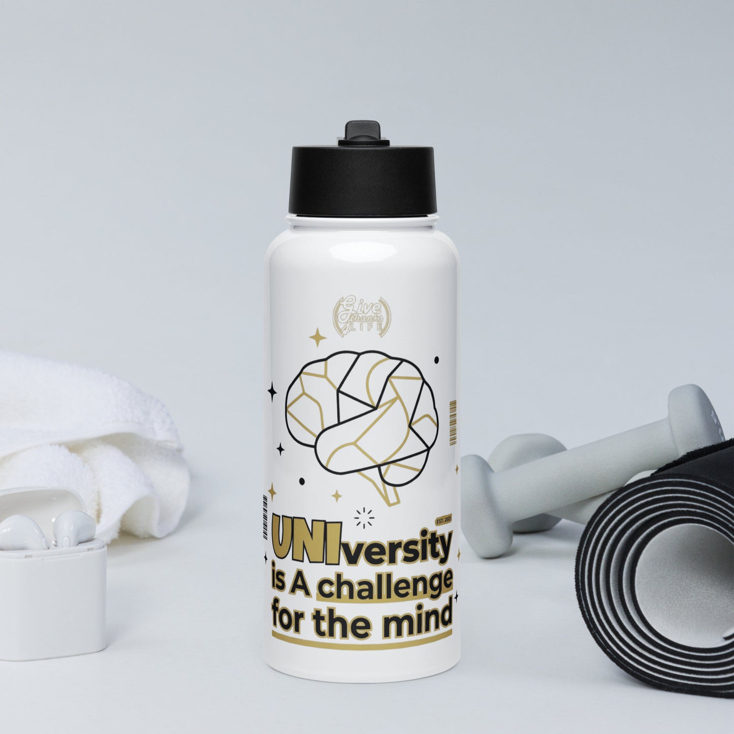 White water bottle with motivational quote on a light gray background