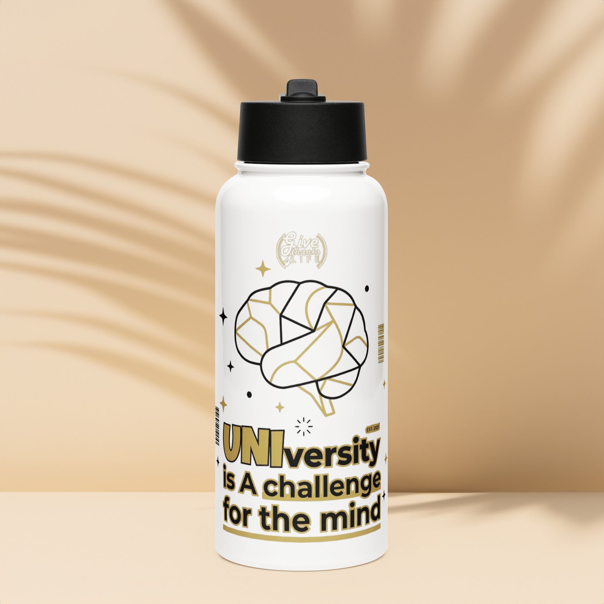 White water bottle with black lid featuring a brain graphic and text on a beige background
