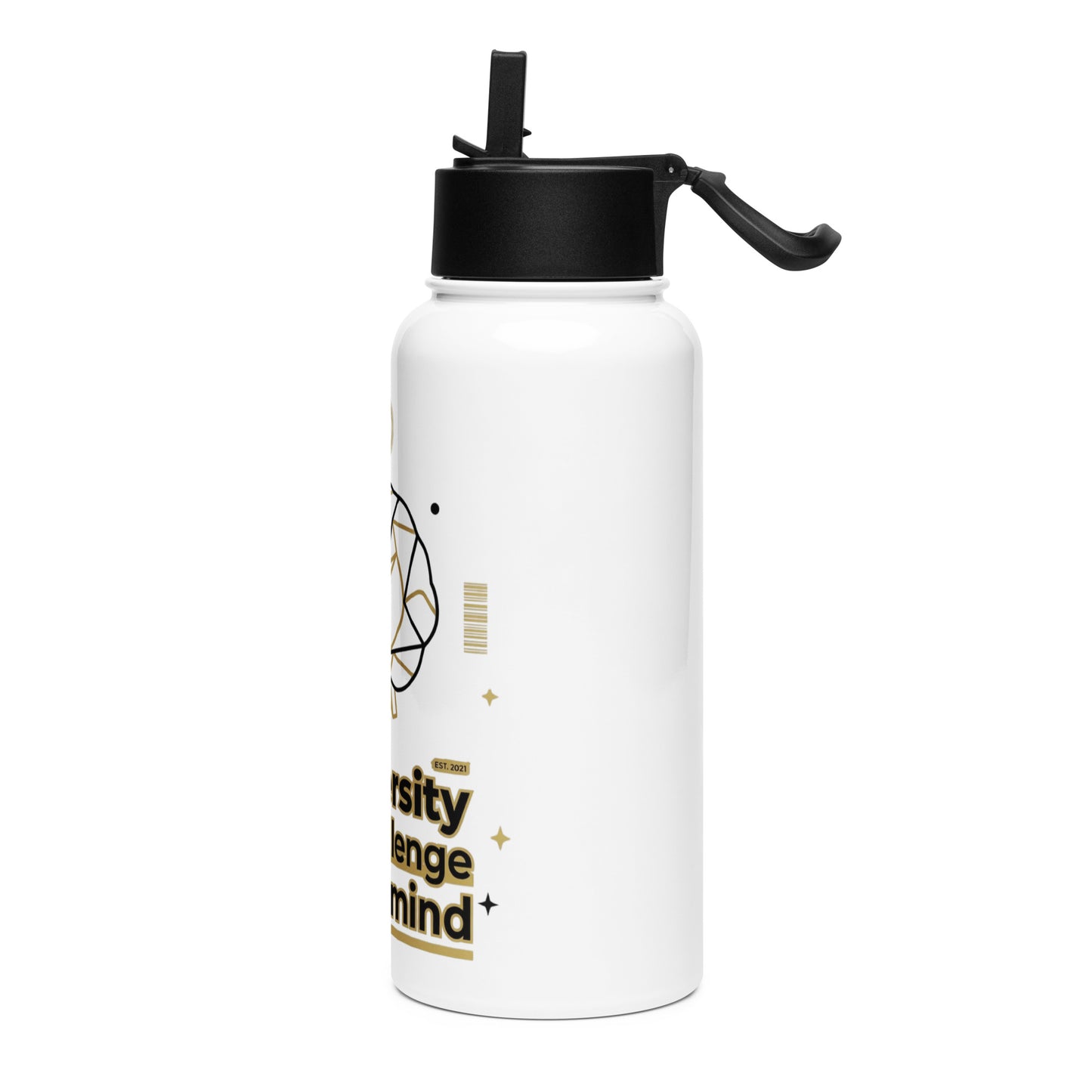 White water bottle with black lid and text on a white background