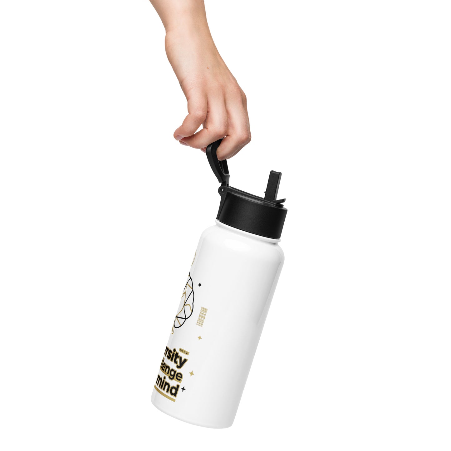 White water bottle with black lid and text on a white background