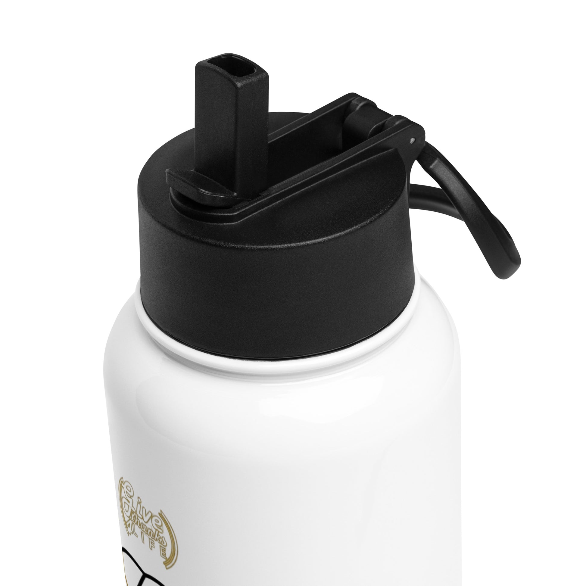 White water bottle with a black lid on a white background