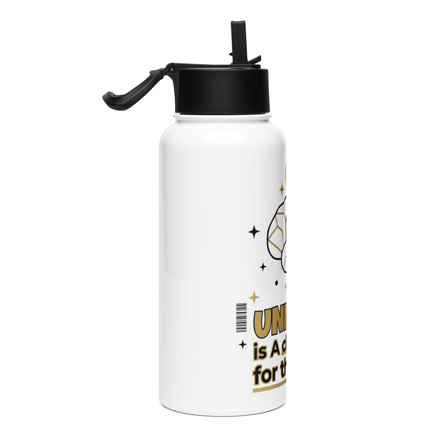 White water bottle with black lid and gold text on a white background