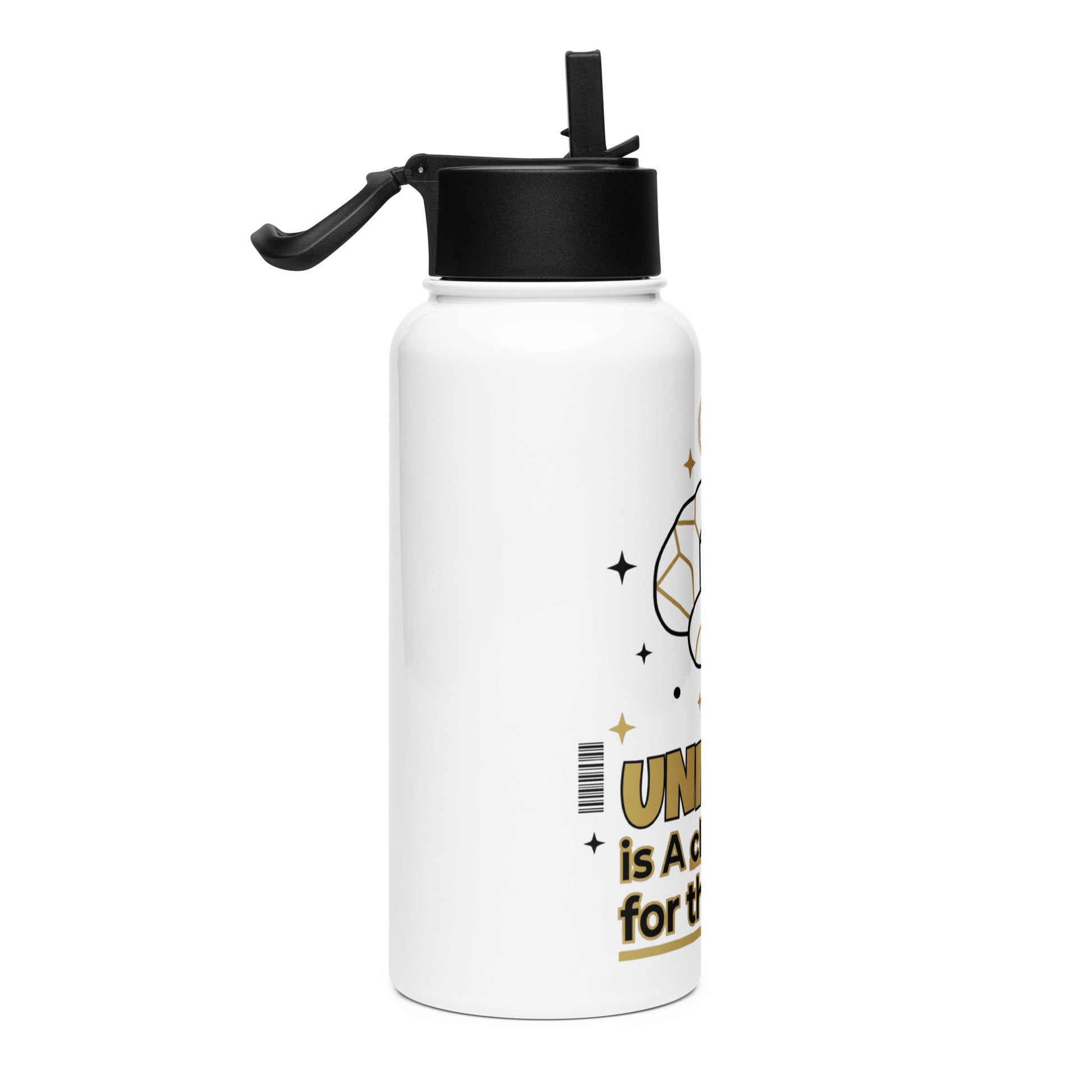 White water bottle with black lid and gold text on a white background