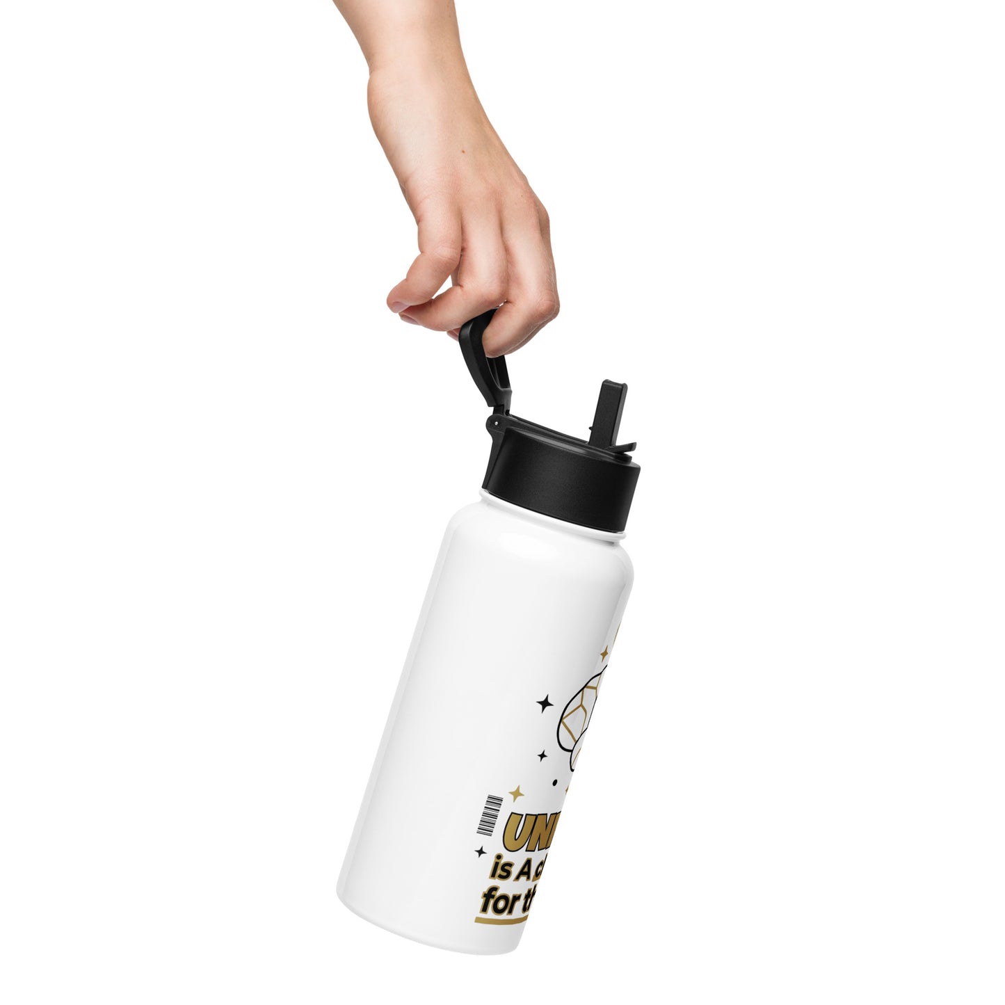 White water bottle with black lid and text on a white background