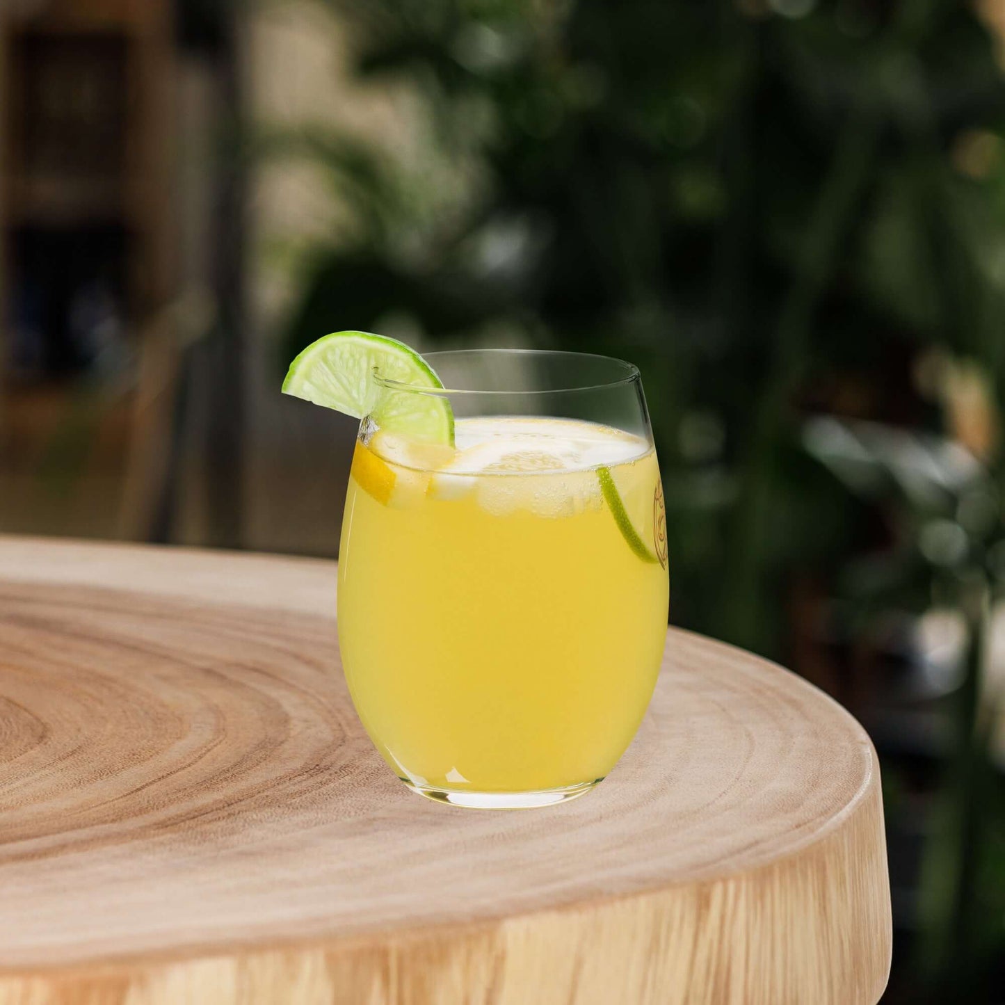 Glass of yellow drink with lime wedges on a wooden surface