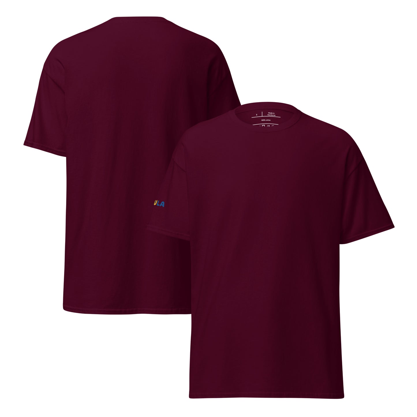 Maroon t-shirt shown from front and back on a white background