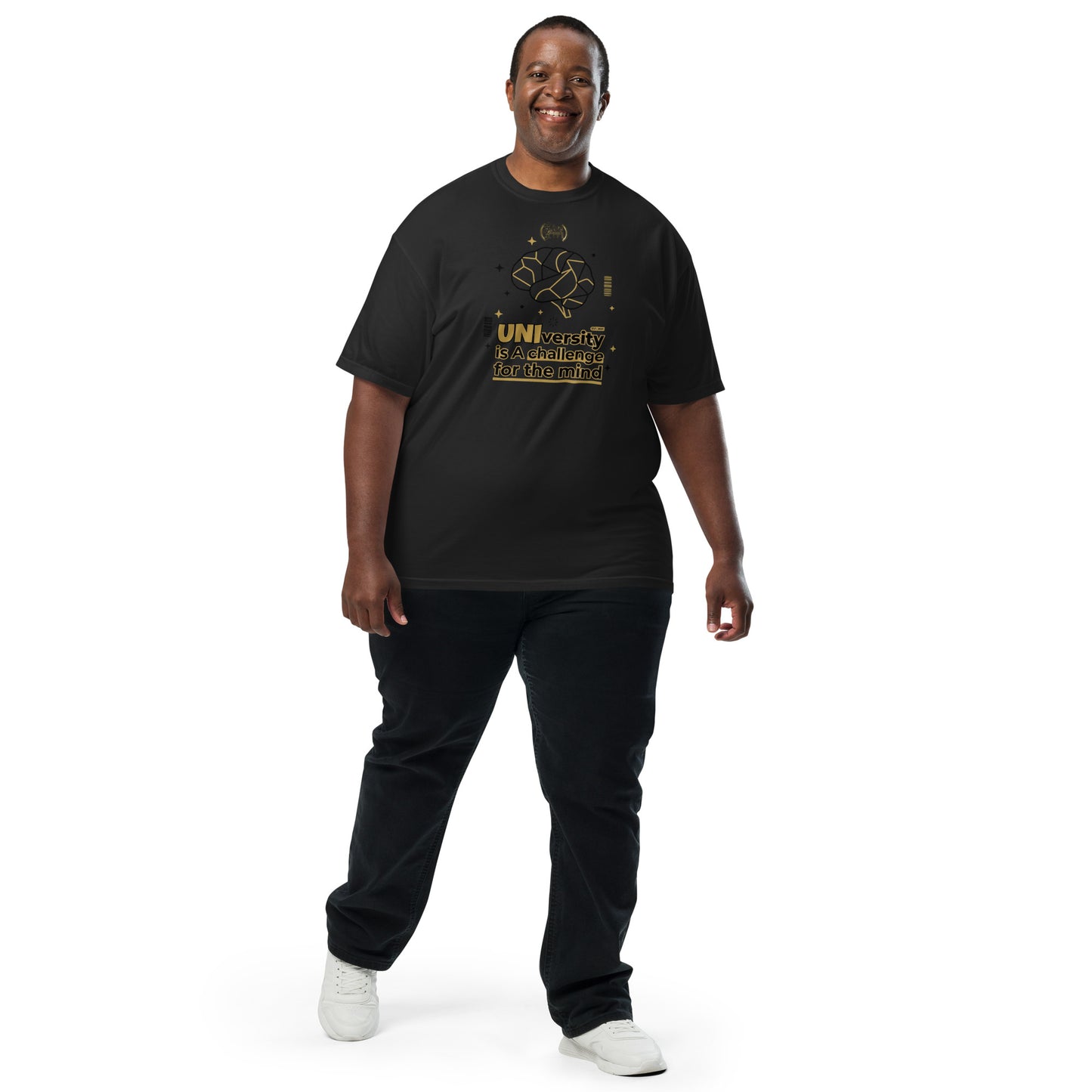 Person wearing a black t-shirt with white background