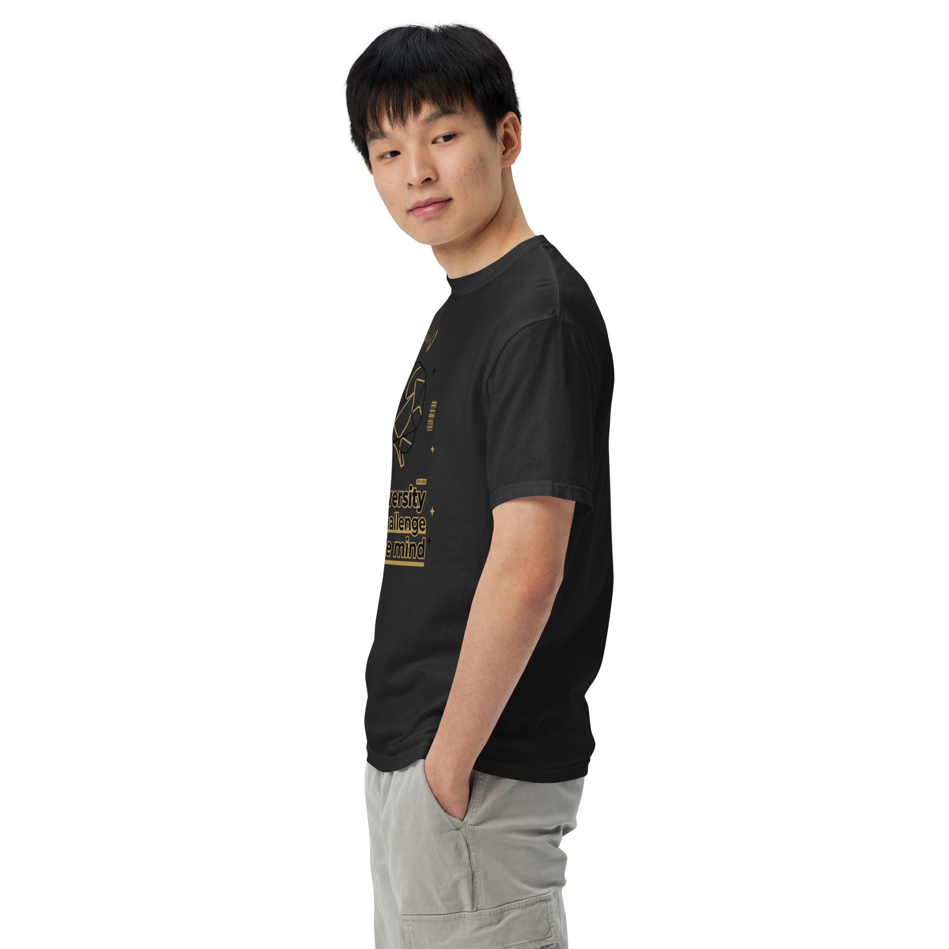 Person wearing a black t-shirt and light gray pants on a white background