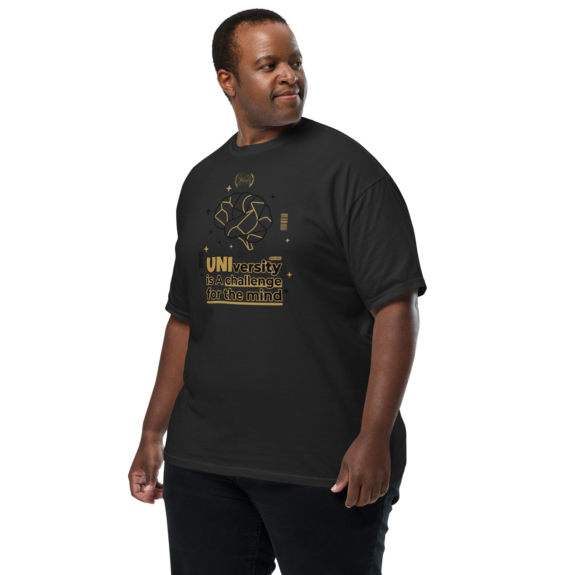Man wearing a black t-shirt with text and graphics on a white background