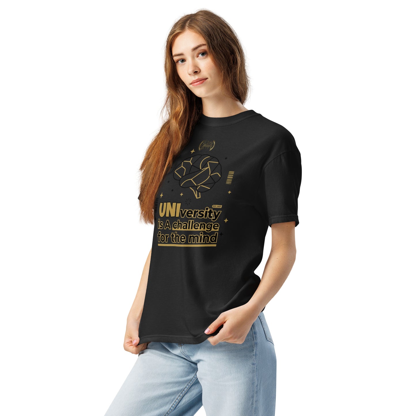Woman wearing a black t-shirt with 'Loved Grace' text on a white background