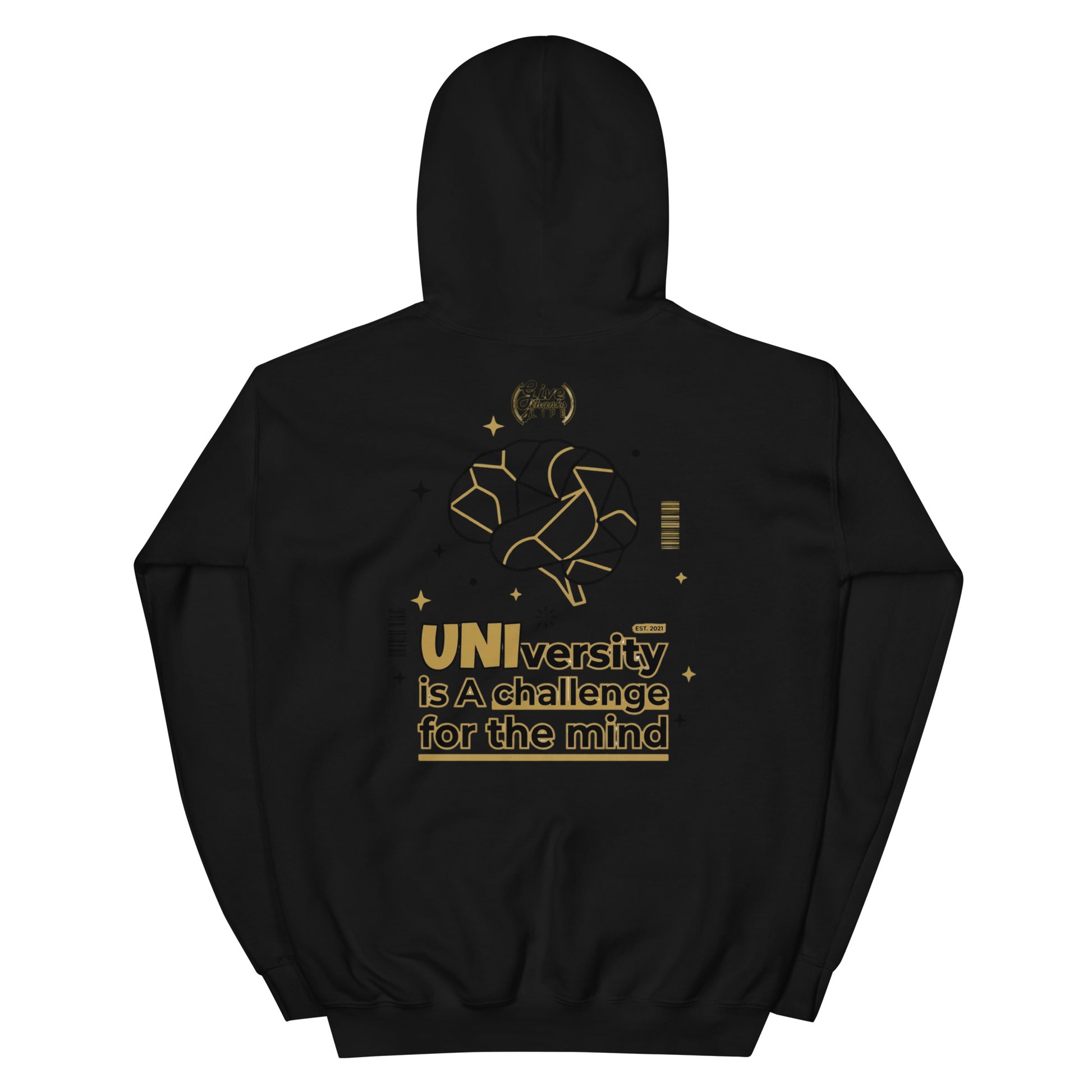 Black hoodie with gold text and design on the back against a white background