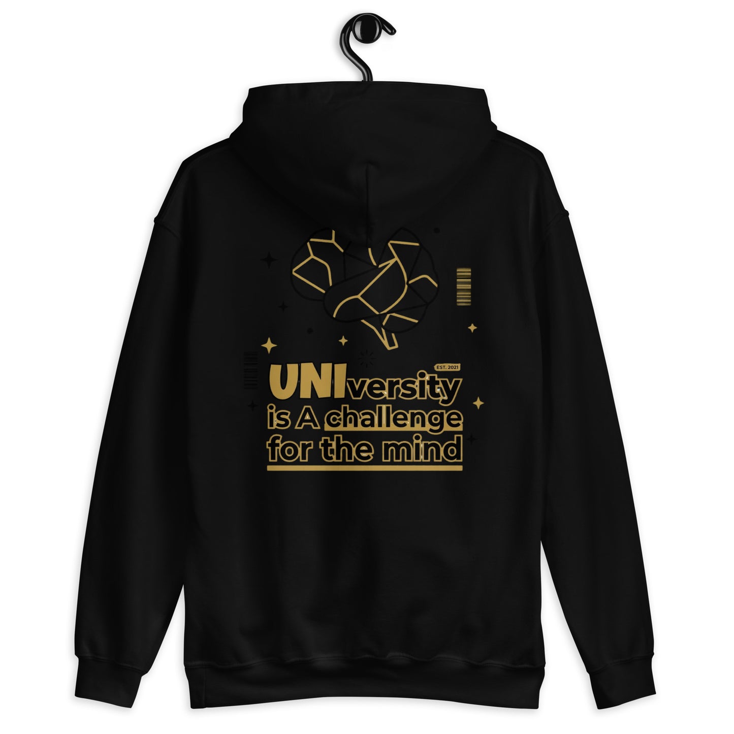 Black hoodie with gold text and design on a white background
