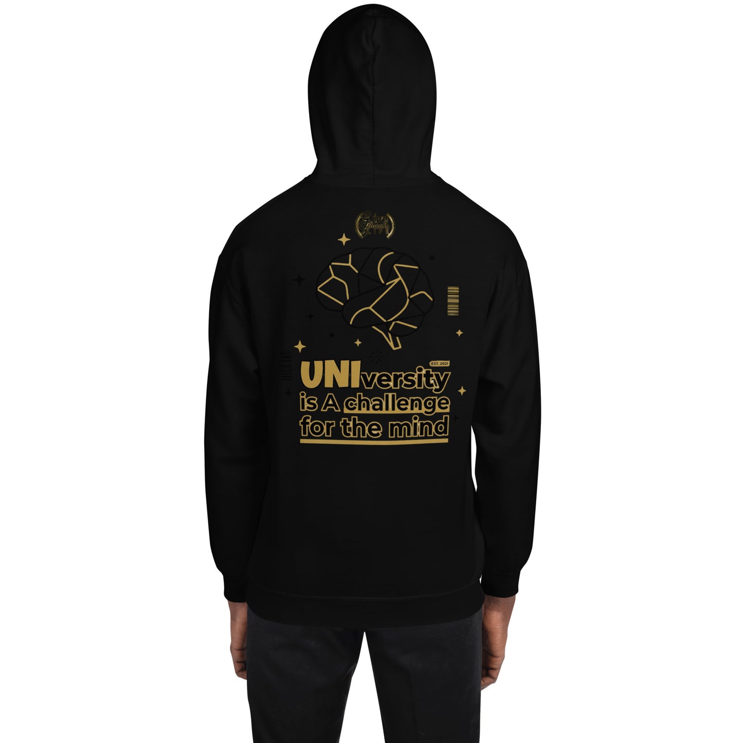 Black hoodie with gold text and design on a white background