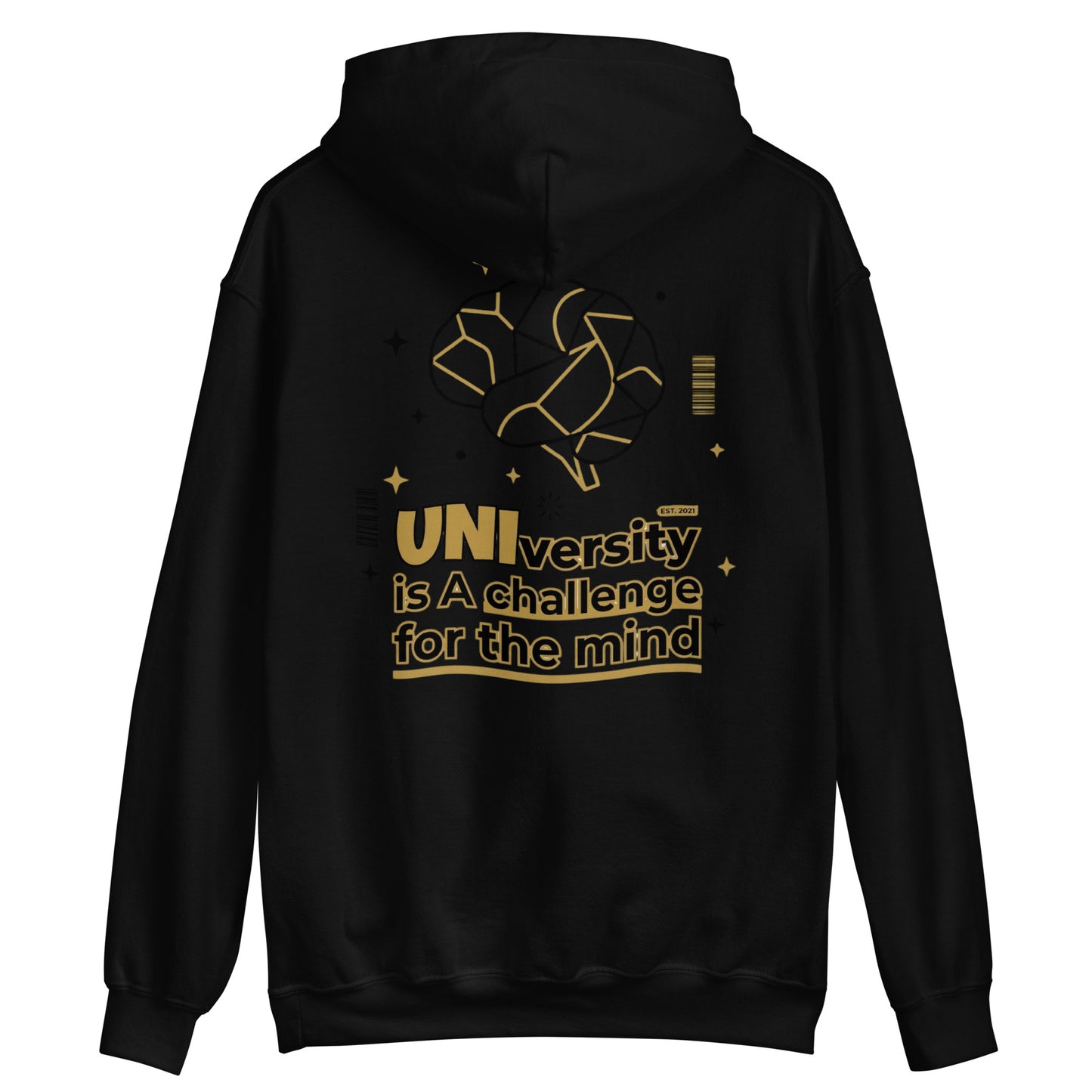 Black hoodie with gold text and design on a white background