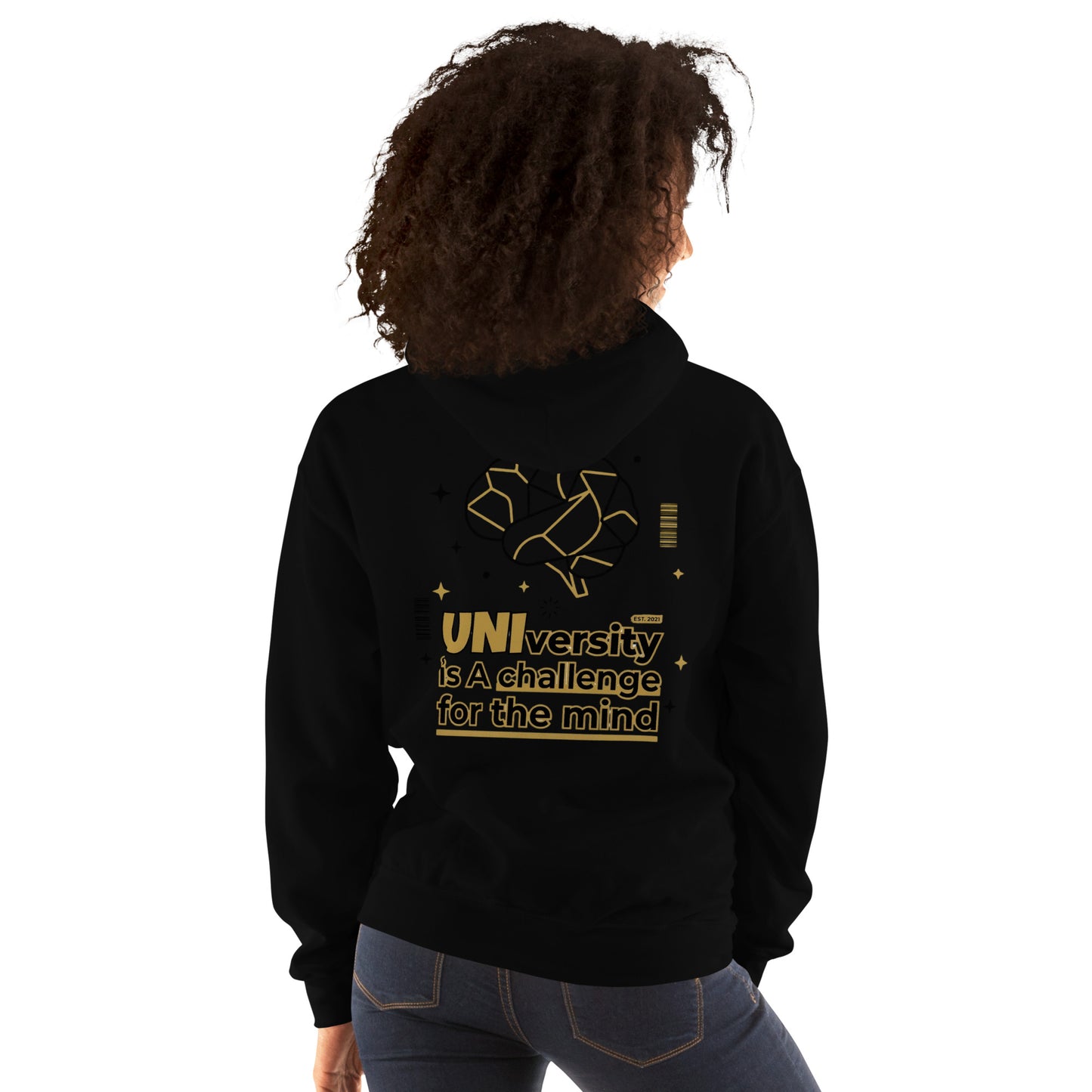 Person wearing a navy blue hoodie with Scorpio zodiac design on the back