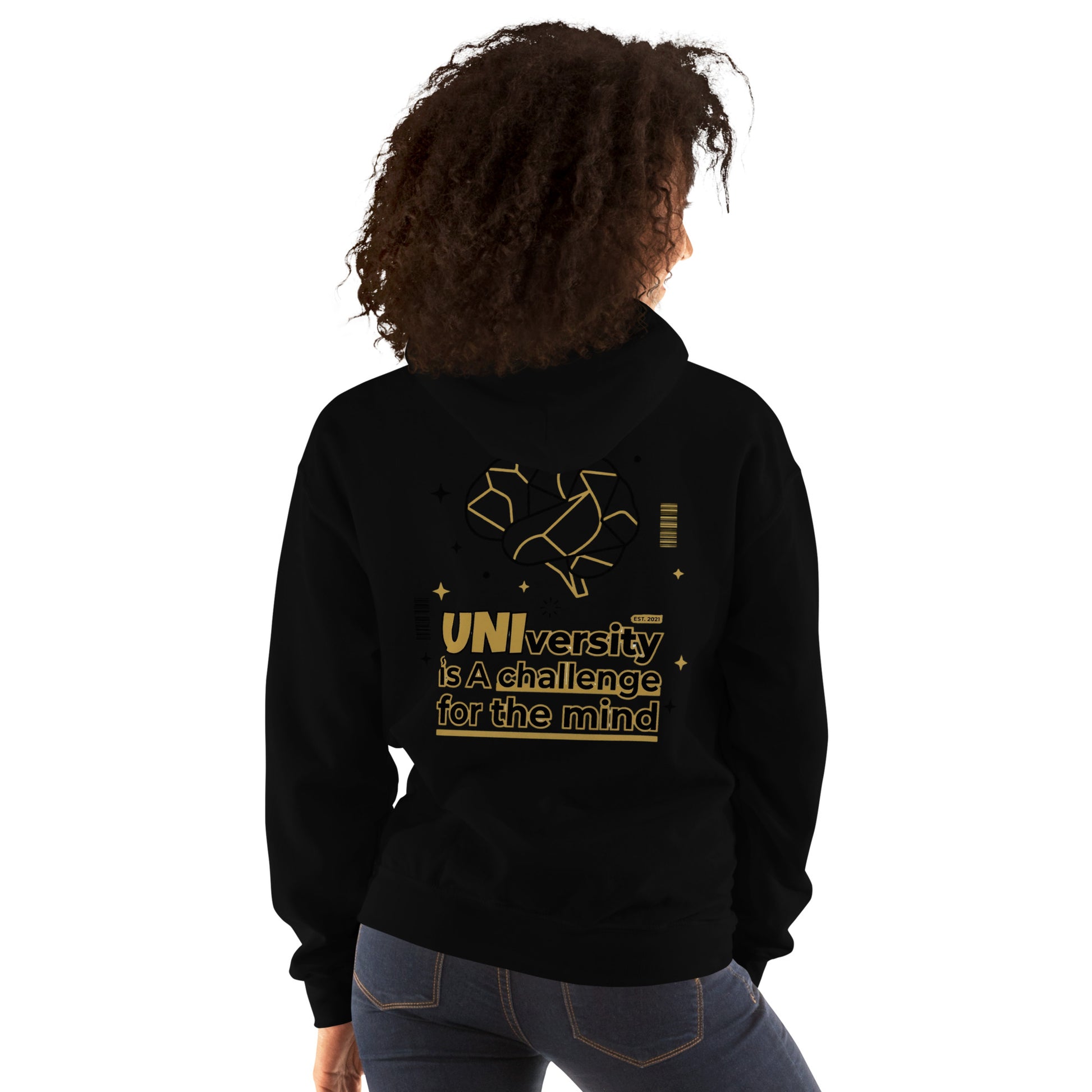Person wearing a navy blue hoodie with Scorpio zodiac design on the back