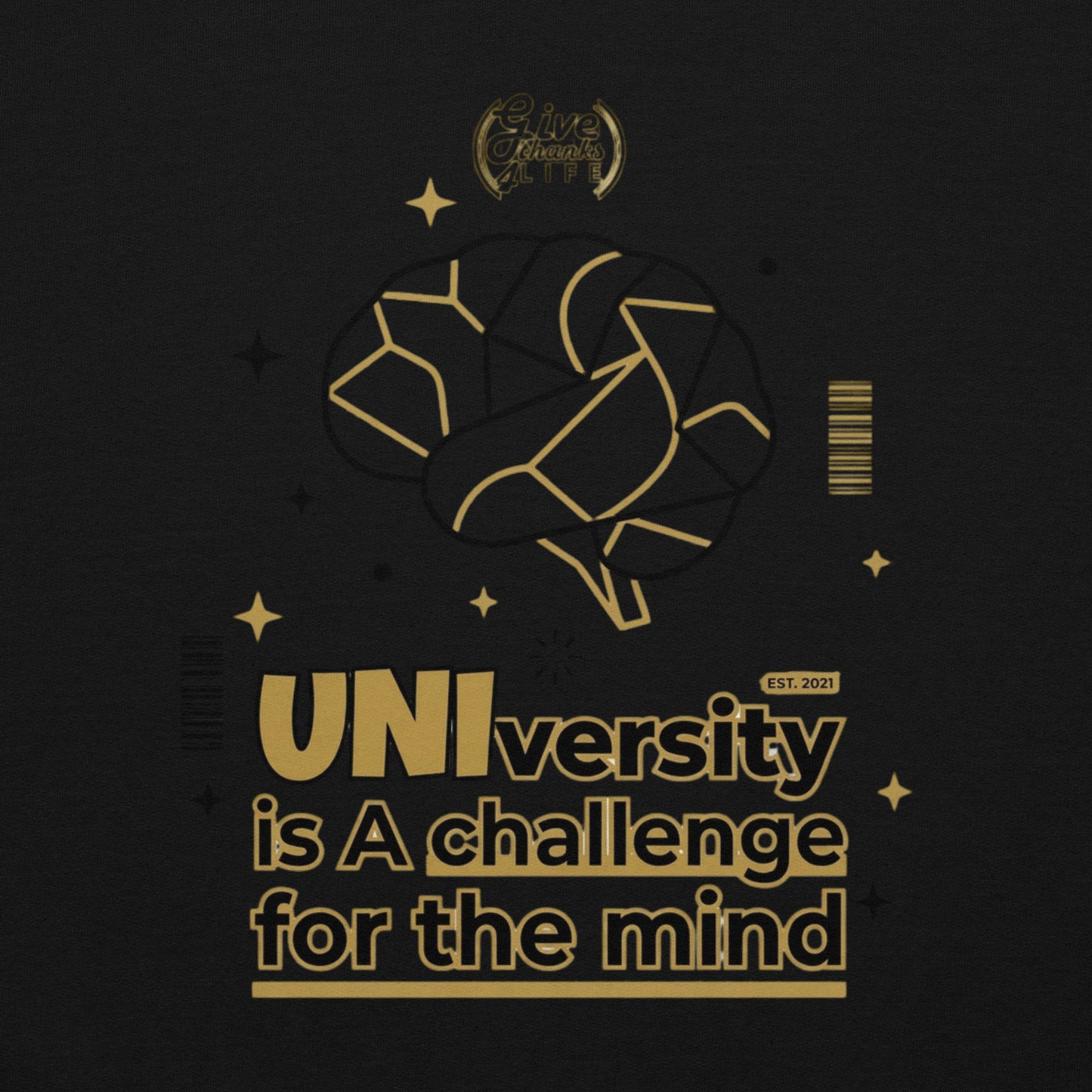 Black background with gold text and logo, featuring motivational quote.