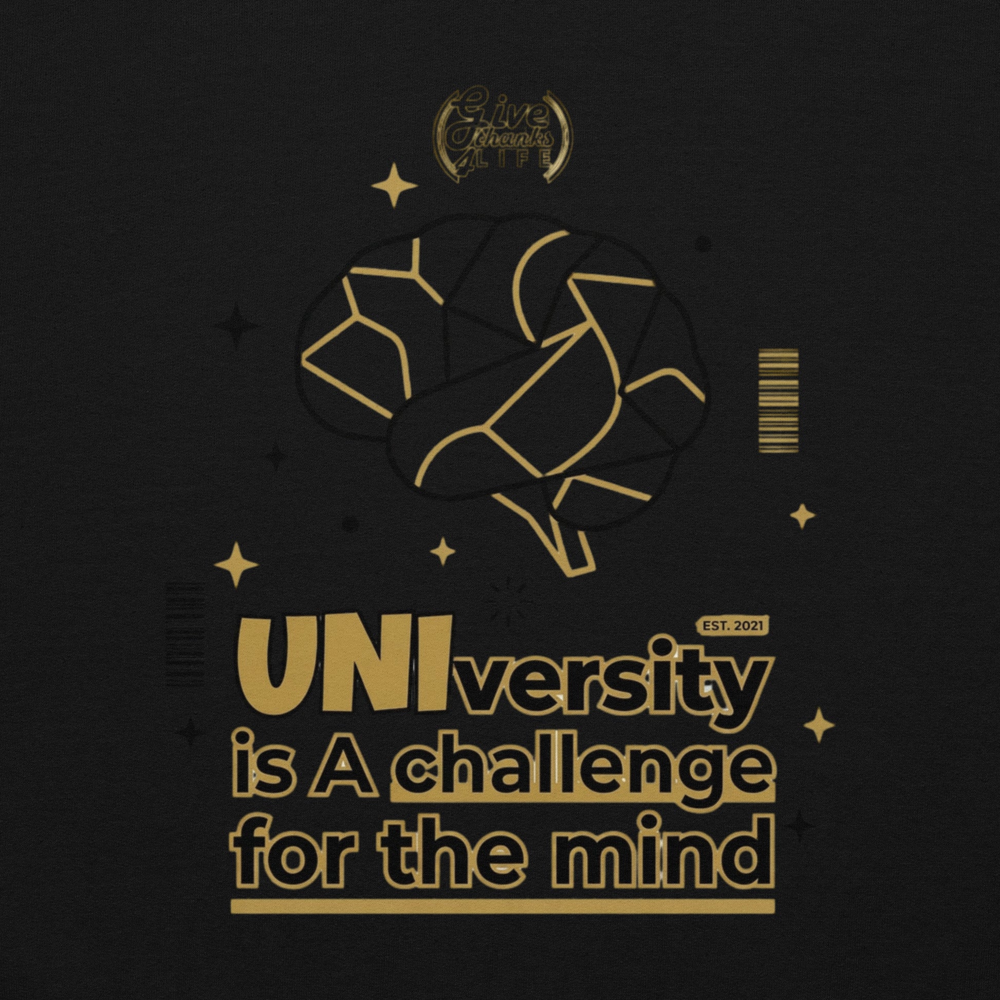 Black background with gold text and logo, featuring motivational quote.