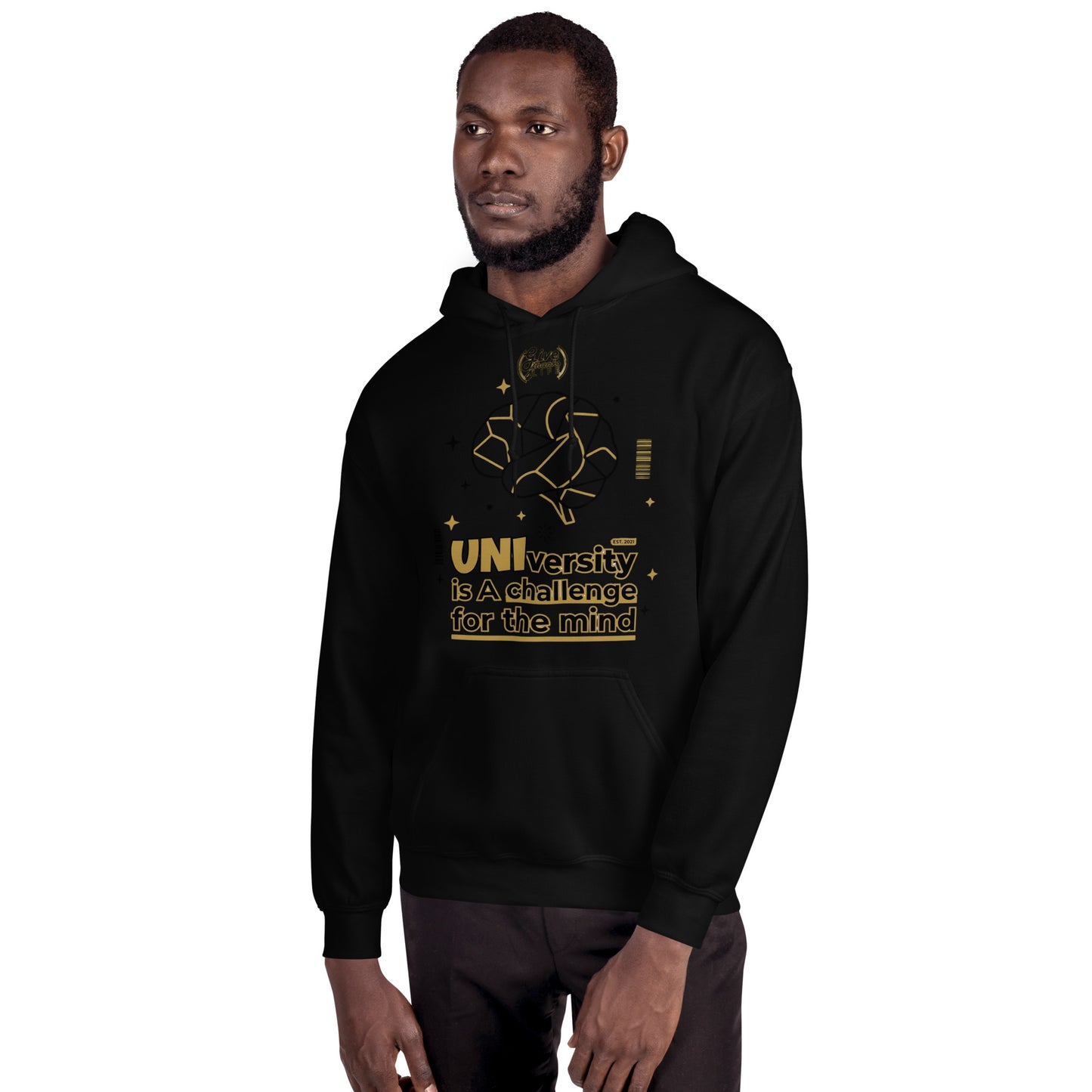 Man wearing a black hoodie with motivational text design on a white background