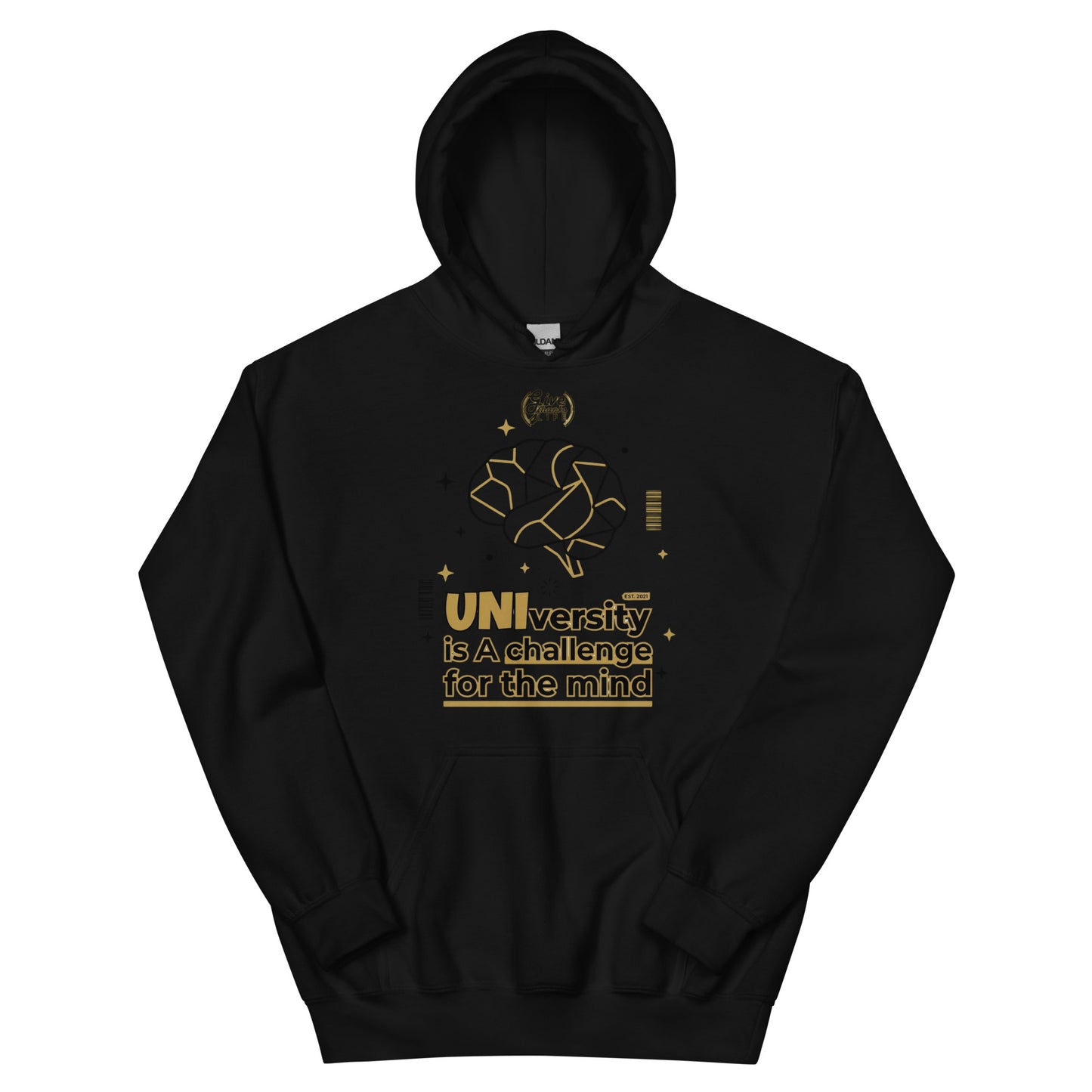 Black hoodie with a small logo on the chest against a white background