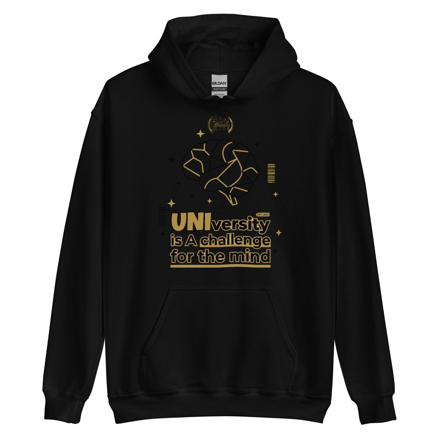 Black hoodie with a dog graphic and text on a white background
