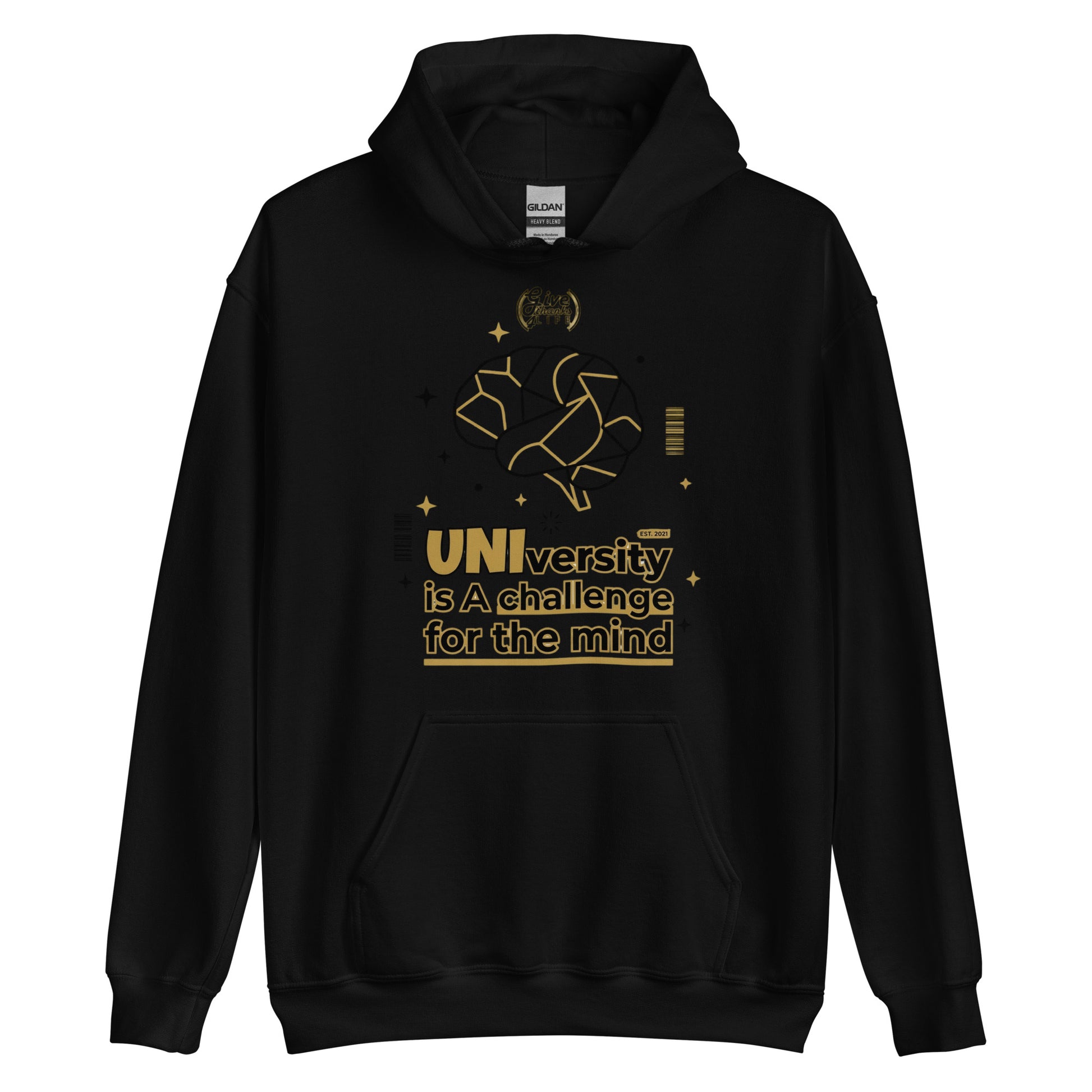 Black hoodie with a dog graphic and text on a white background