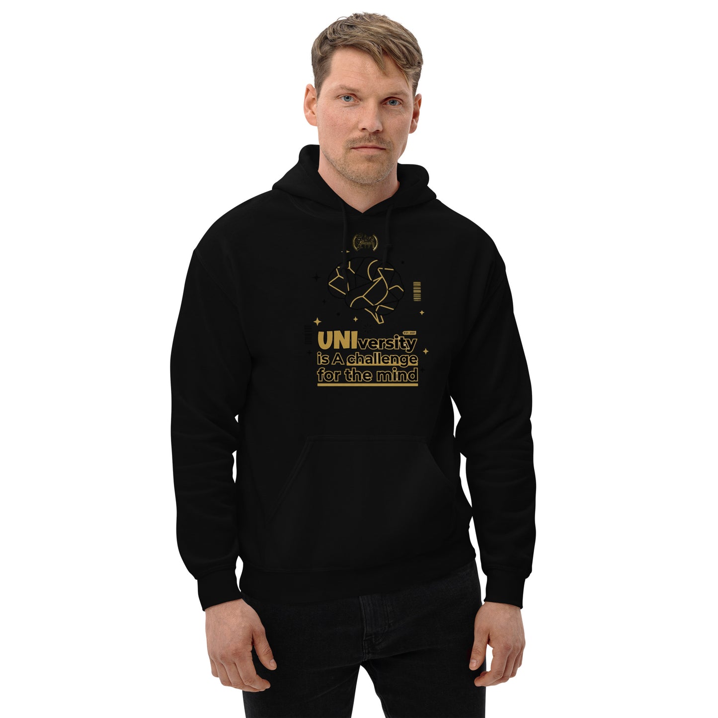 Man wearing a black hoodie with gold text and graphics on a white background