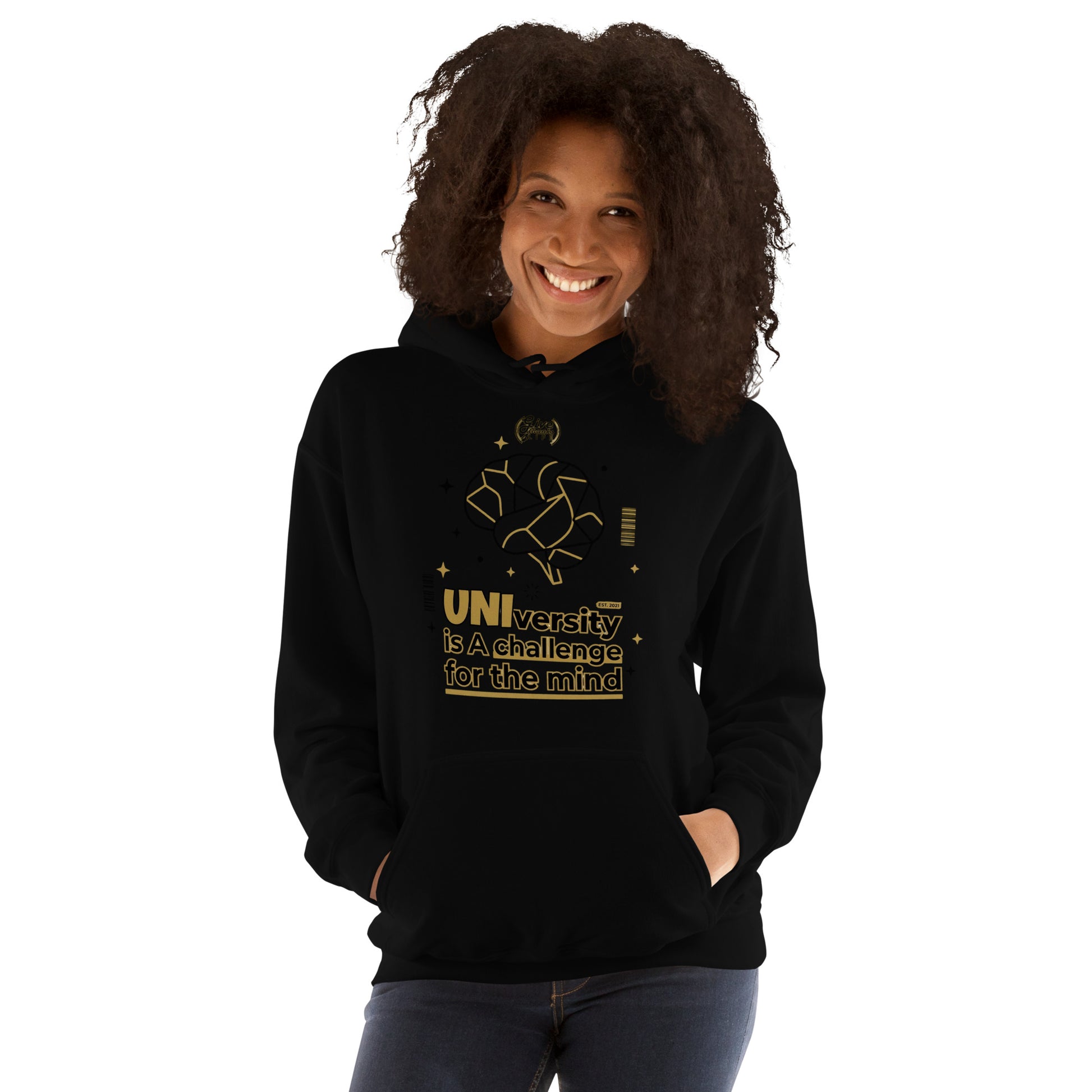 Person wearing a navy hoodie with a skull and crossbones design on a white background