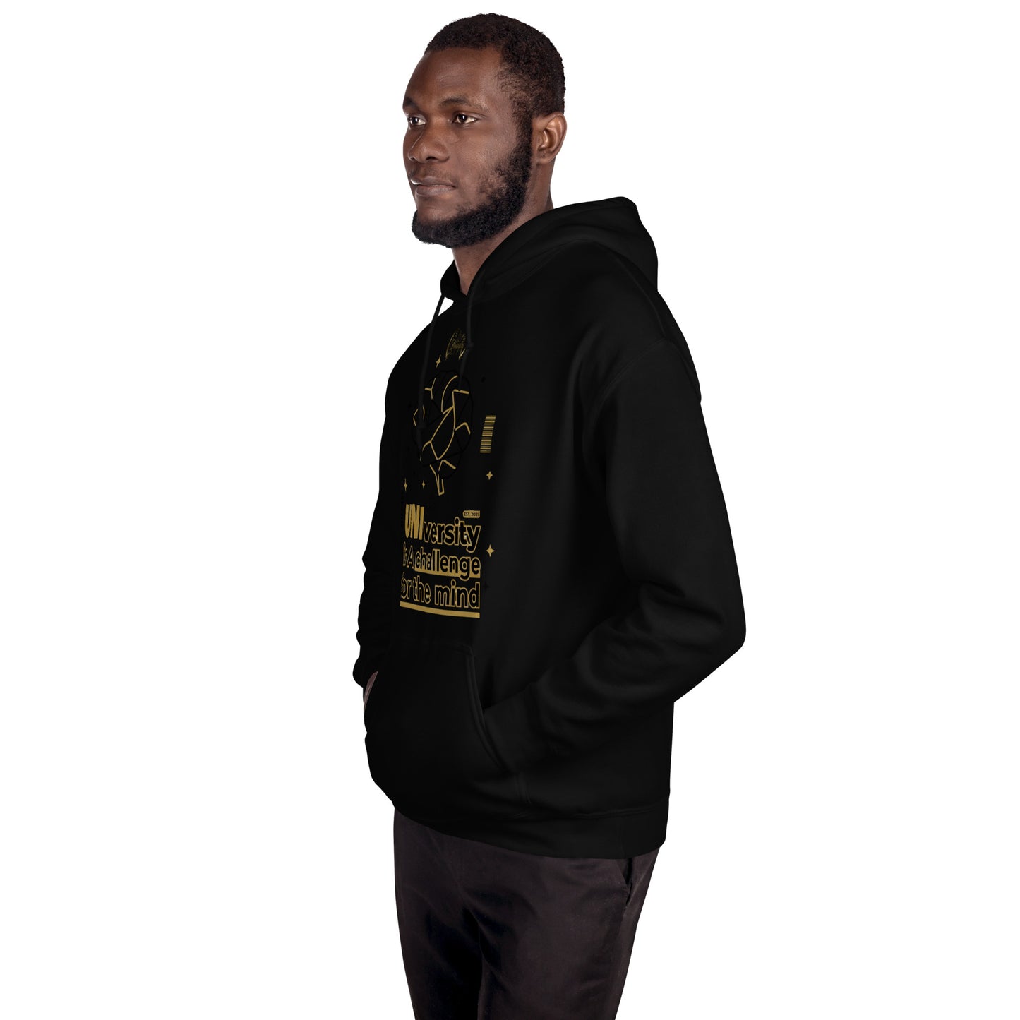 Man wearing a black hoodie with gold text on a white background
