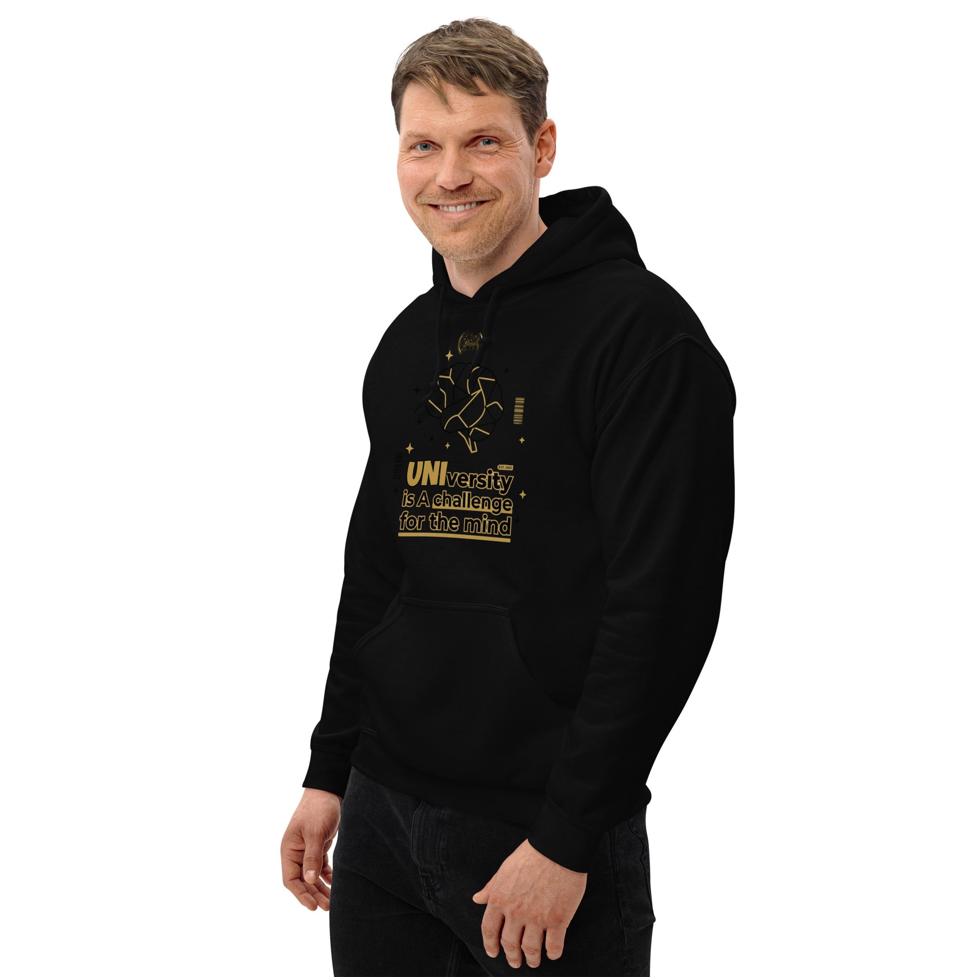 Man wearing a black hoodie with yellow text and design on a white background