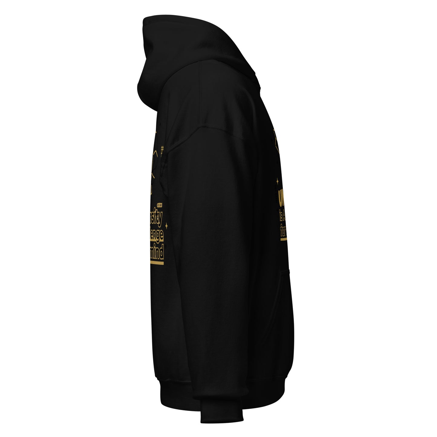 Black hoodie with gold text on sleeves against a white background