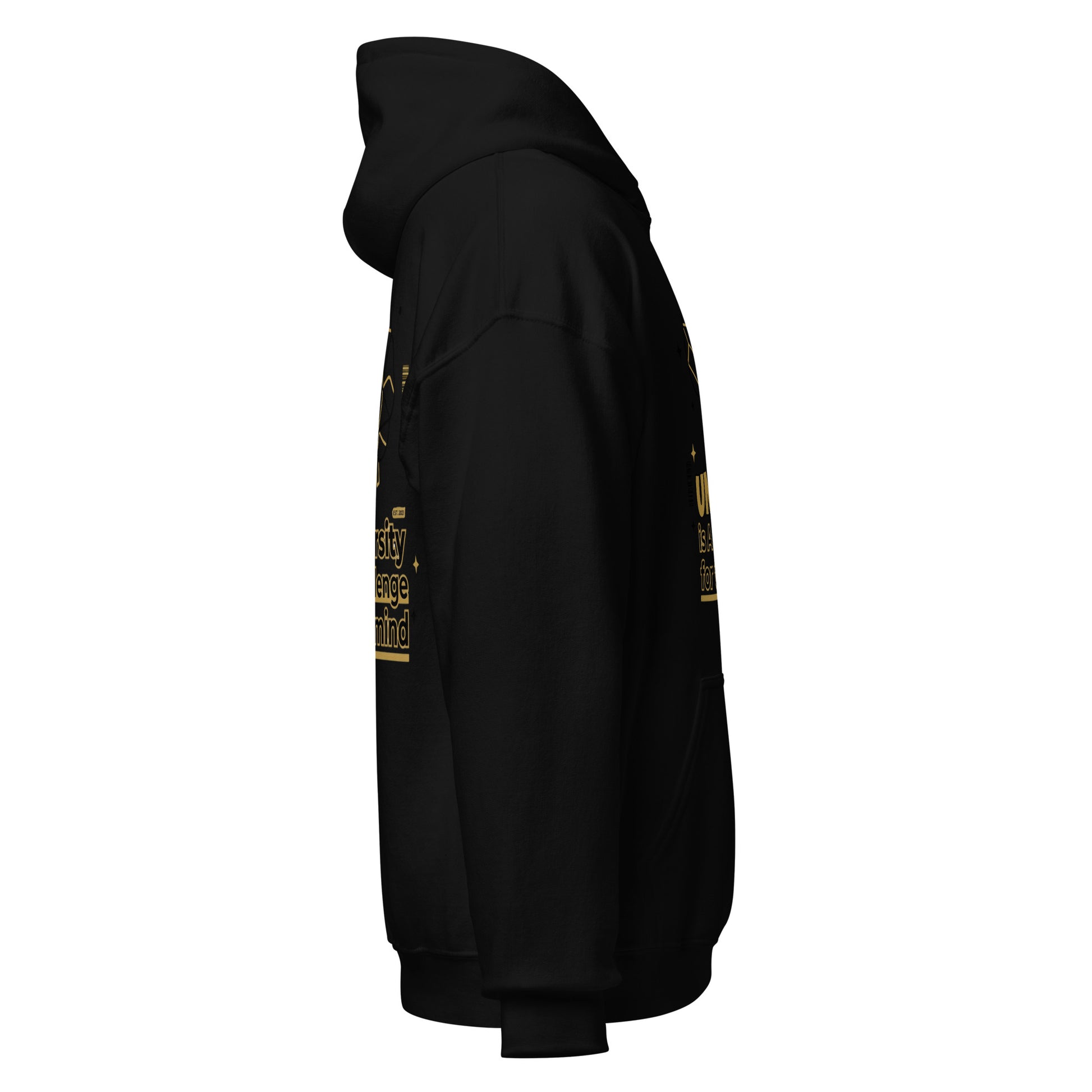Black hoodie with gold text on sleeves against a white background