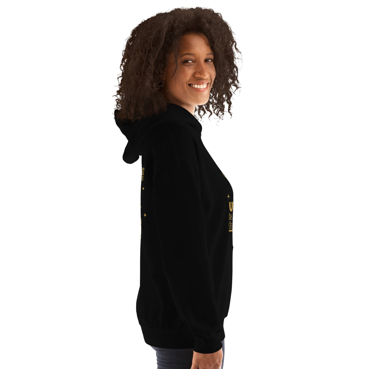 Person wearing a black hoodie on a white background