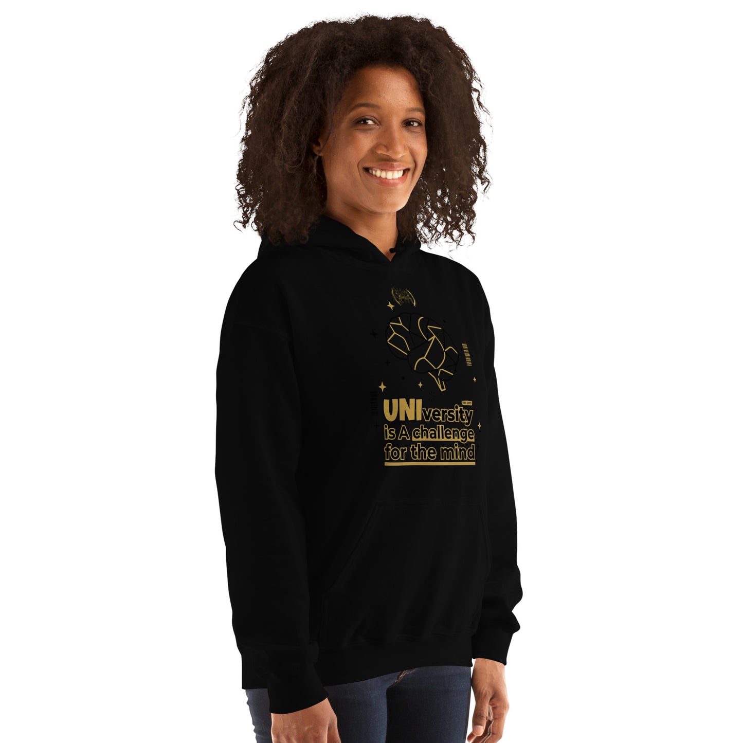 Person wearing a black hoodie with yellow text on a white background