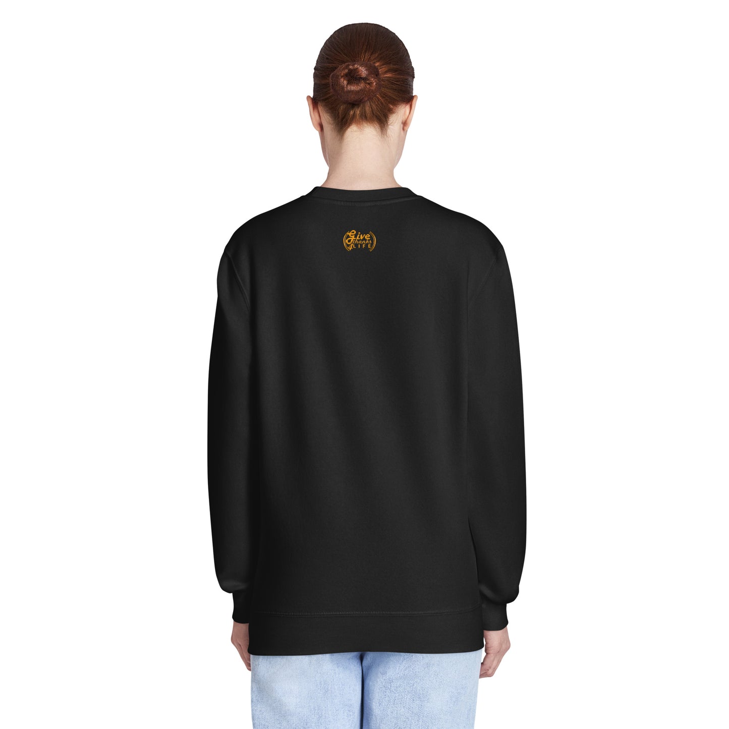 Person wearing a black sweatshirt on a white background