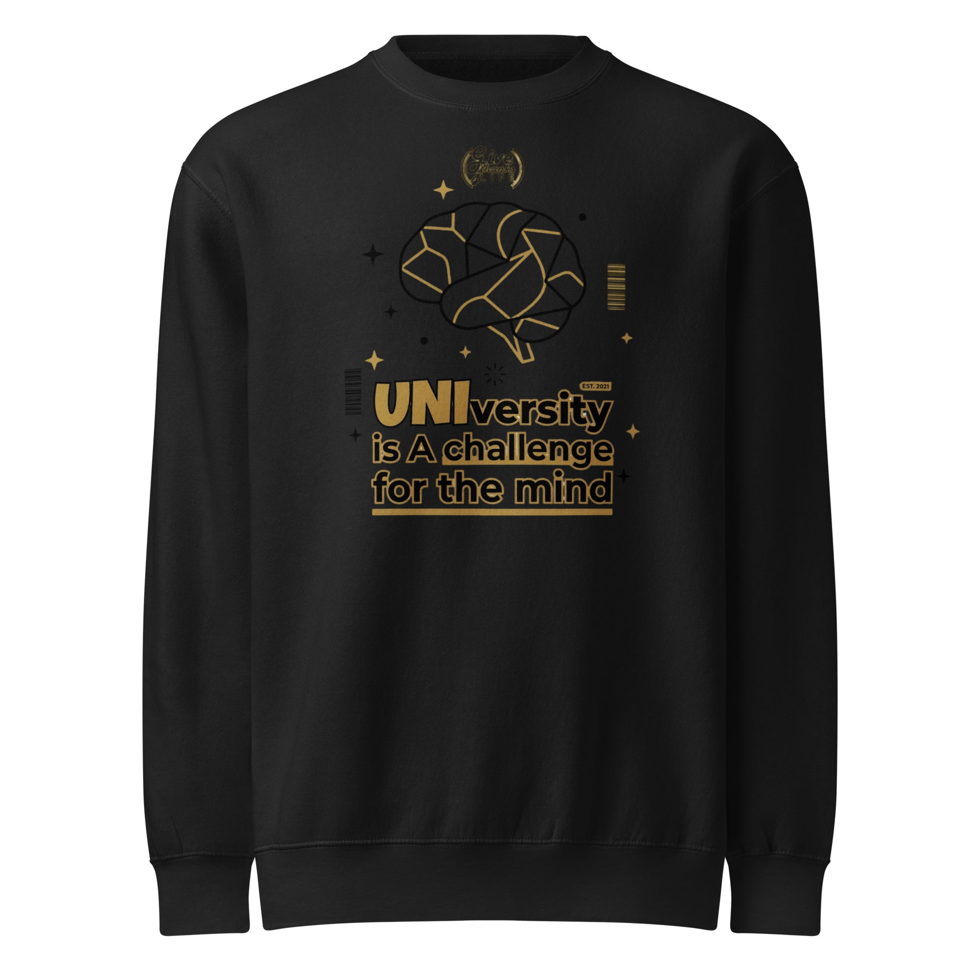 Black sweatshirt with gold graphic and text on a white background