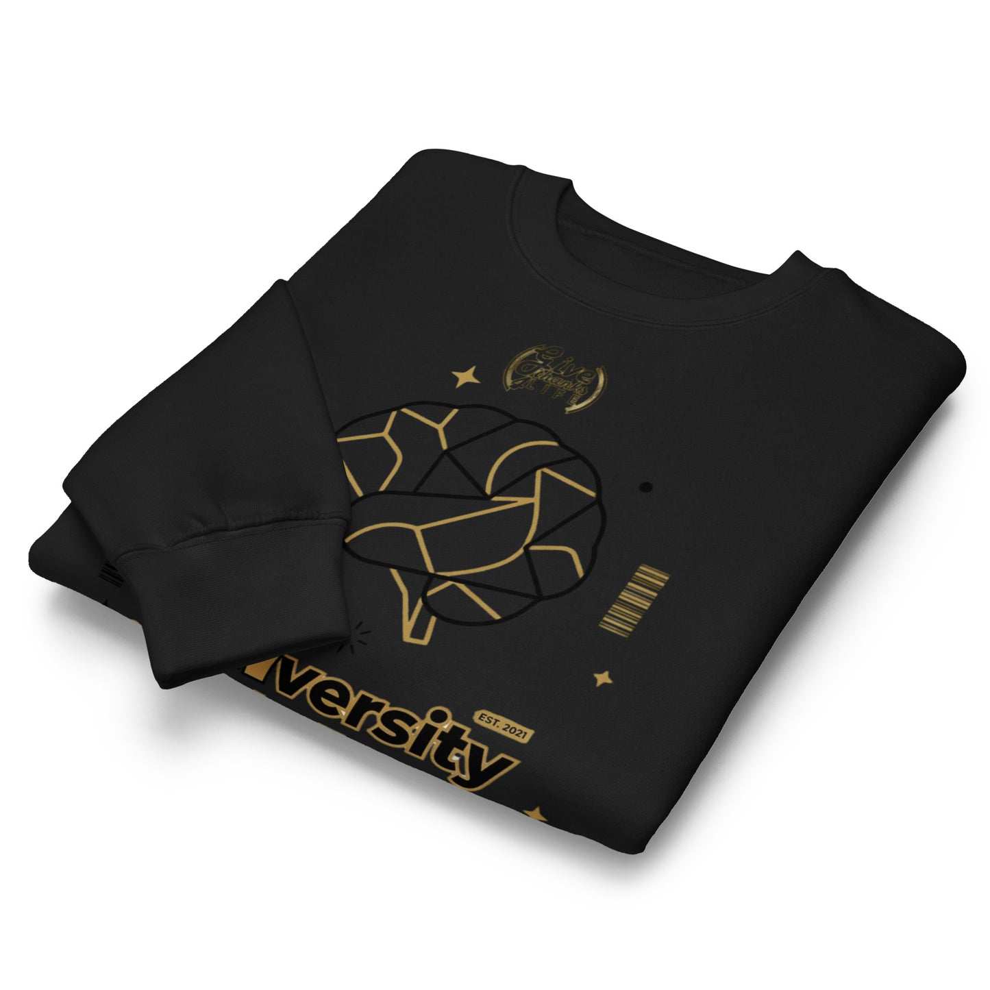 Black sweatshirt with gold geometric design and 'versity' text on a white background