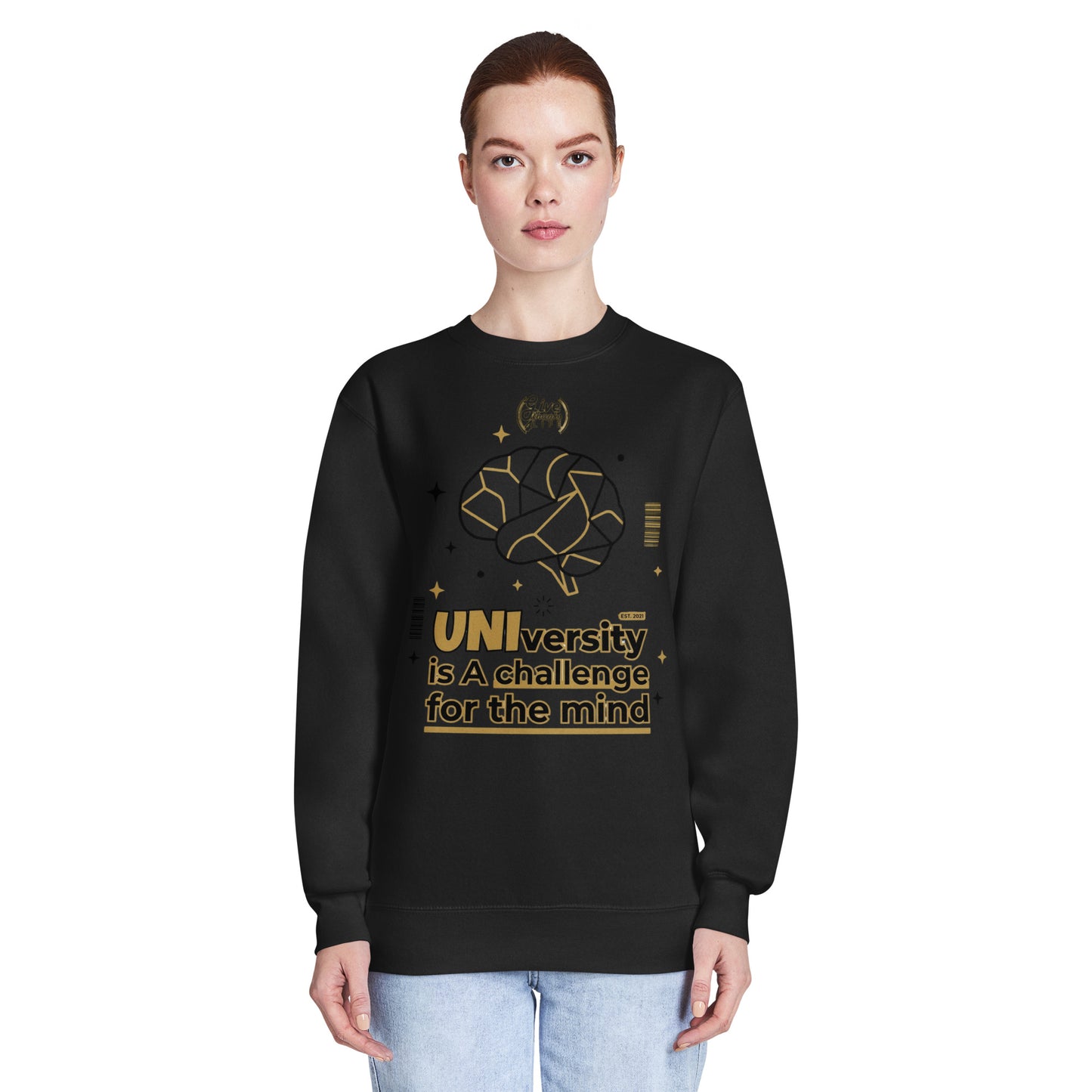 Person wearing a black sweatshirt with gold text and design on a white background