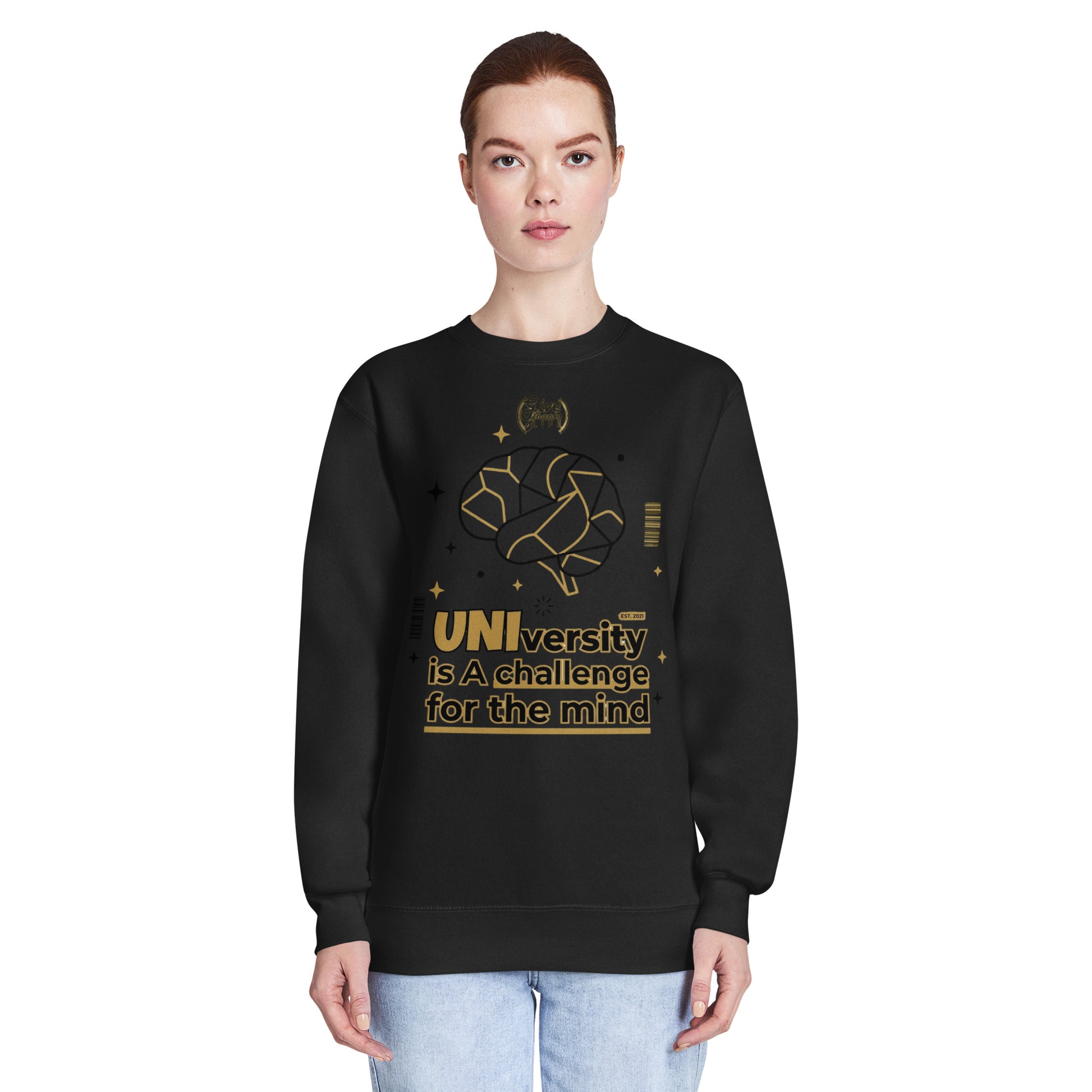 Person wearing a black sweatshirt with gold text and design on a white background