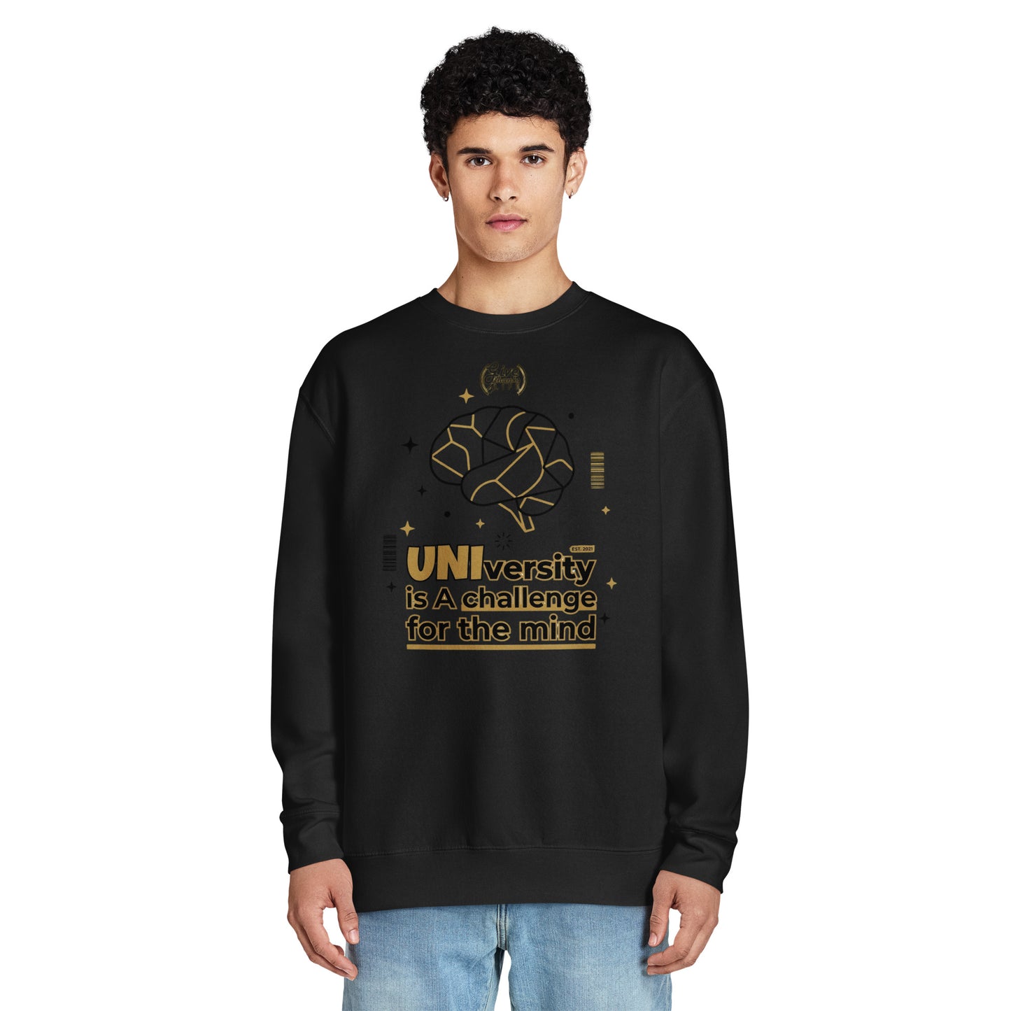 Person wearing a black sweatshirt with gold text and design on a white background