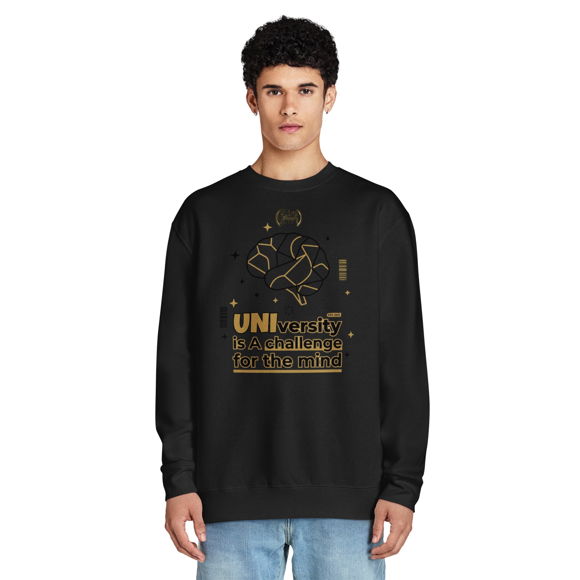 Person wearing a black sweatshirt with gold text and design on a white background