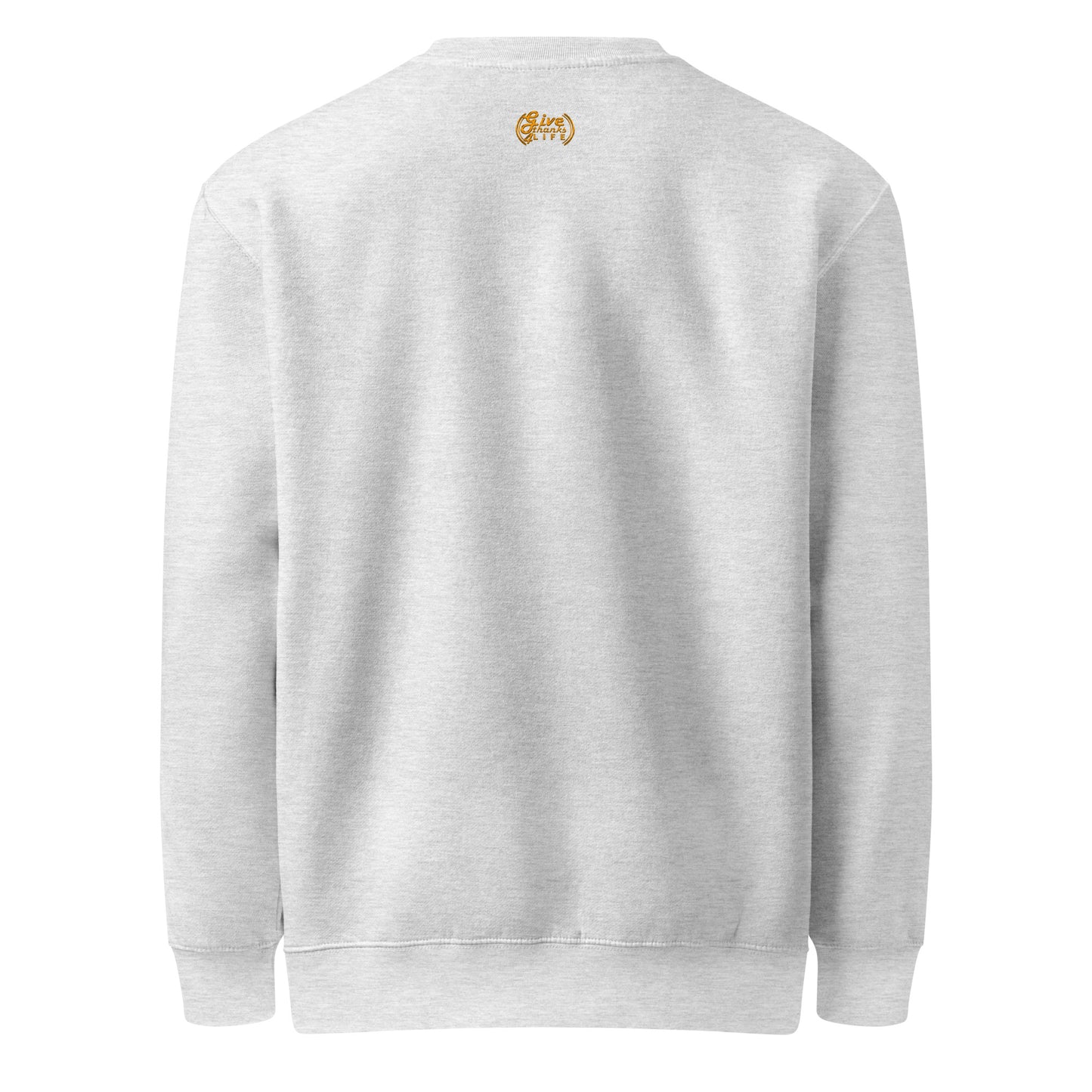 Gray sweatshirt with a logo on the chest against a white background