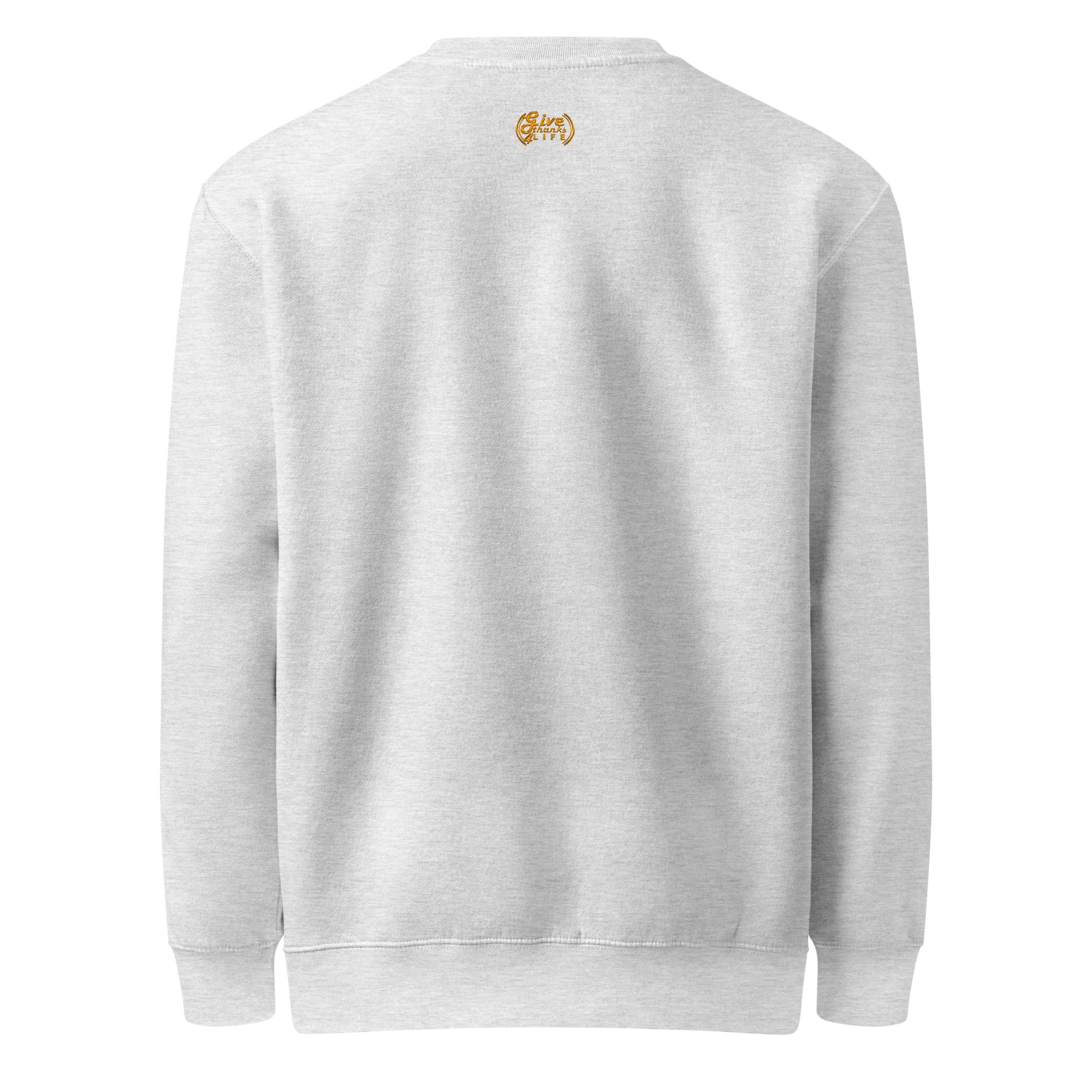 Gray sweatshirt with a logo on the chest against a white background