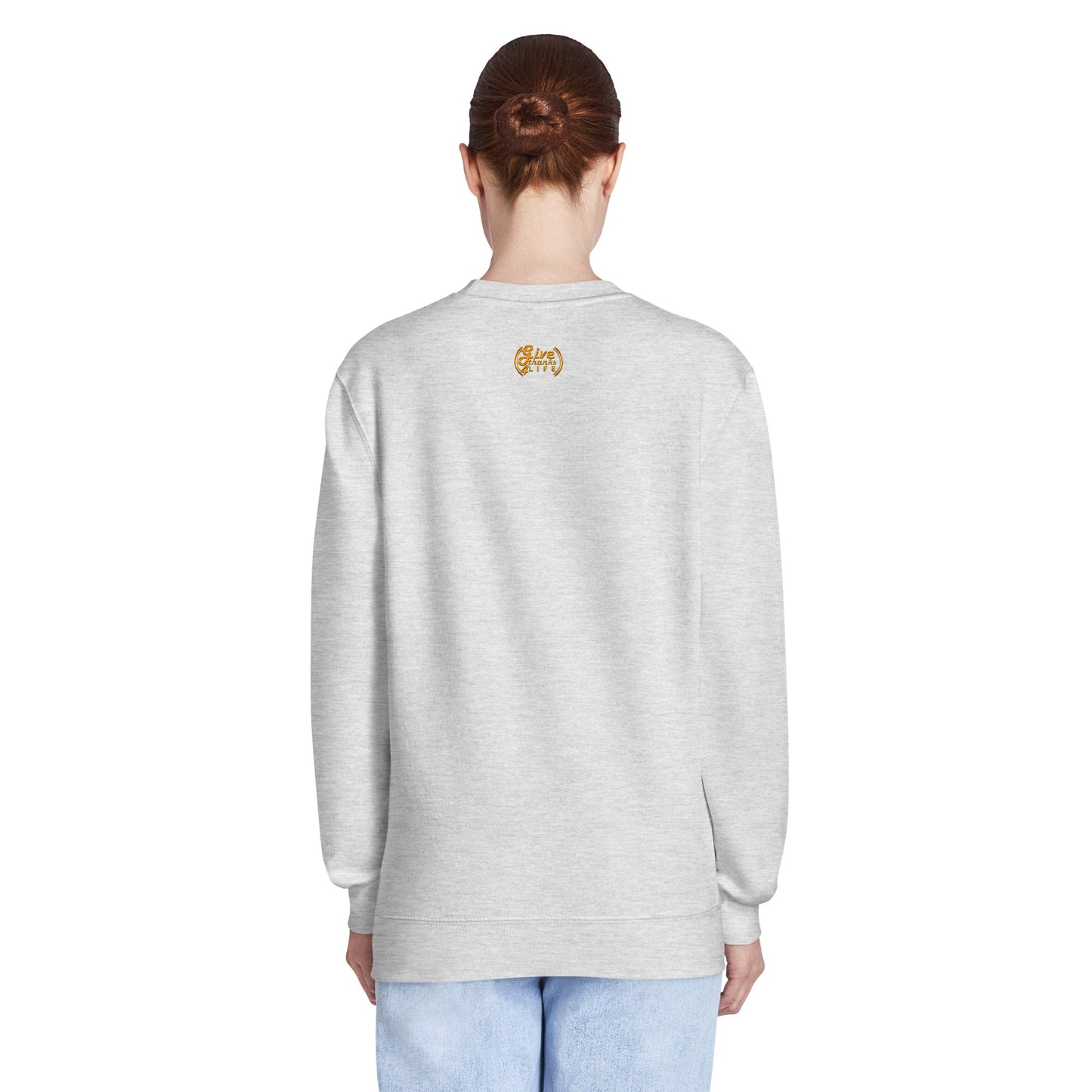 Person wearing a gray sweatshirt with 'LAF' branding on the back, standing against a white background.