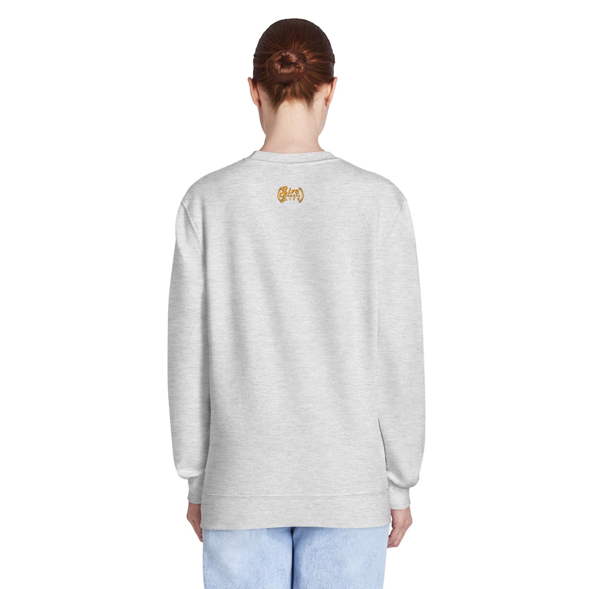 Person wearing a gray sweatshirt with 'LAF' branding on the back, standing against a white background.
