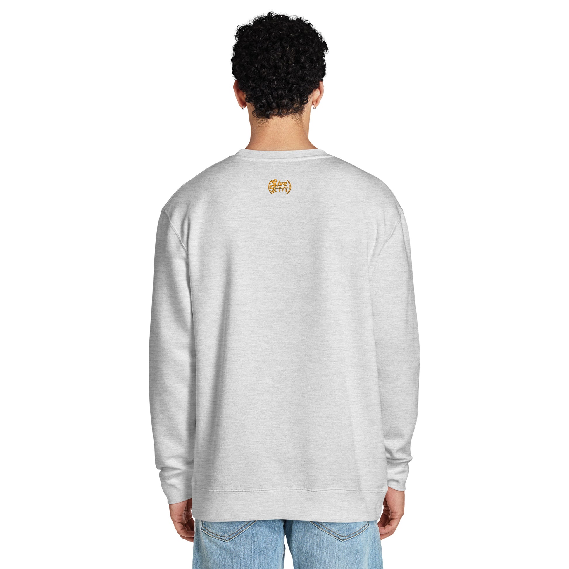 Person wearing a gray sweatshirt on a white background