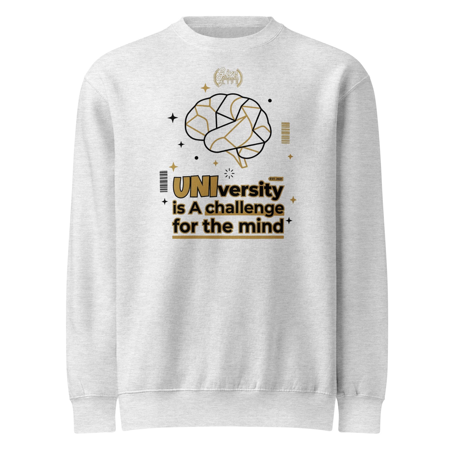 Gray sweatshirt with brain graphic and text on a white background