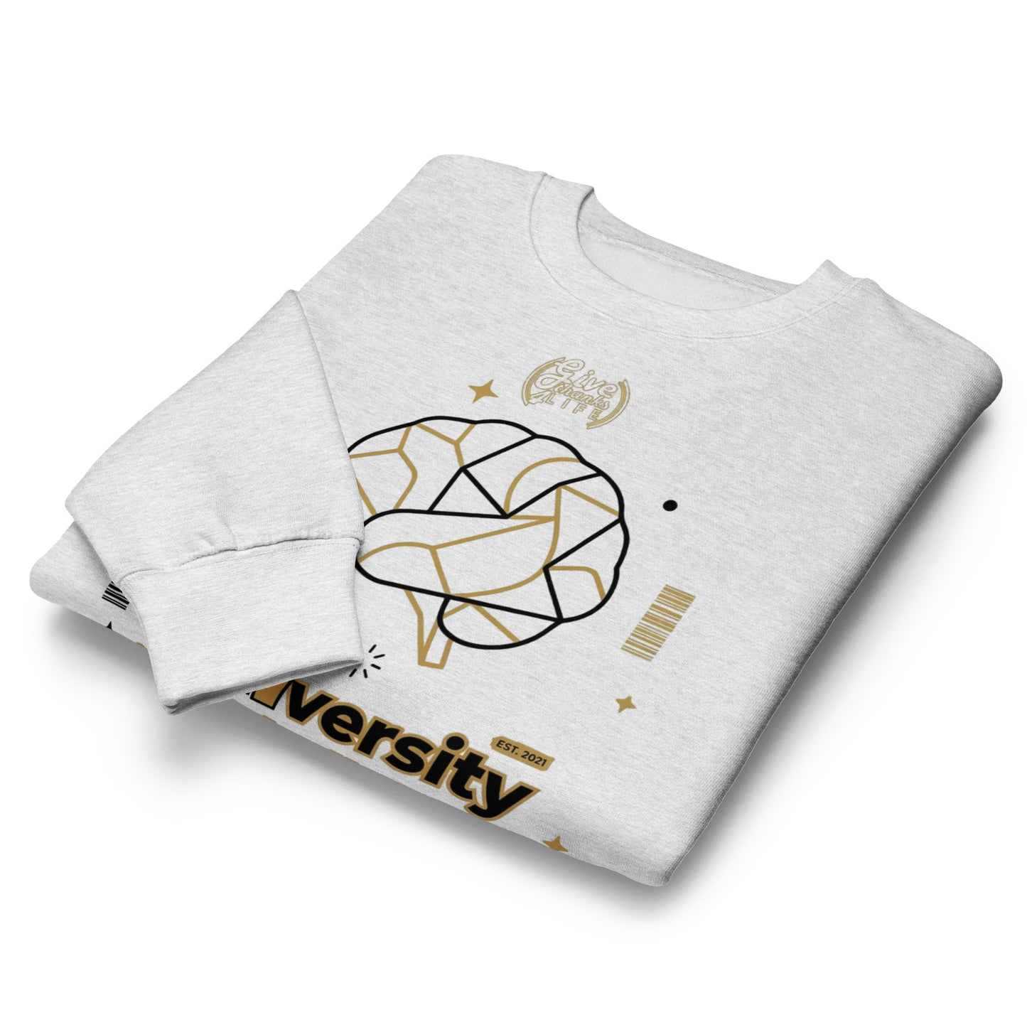 Folded white sweatshirt with geometric design and 'versity' text on a white background