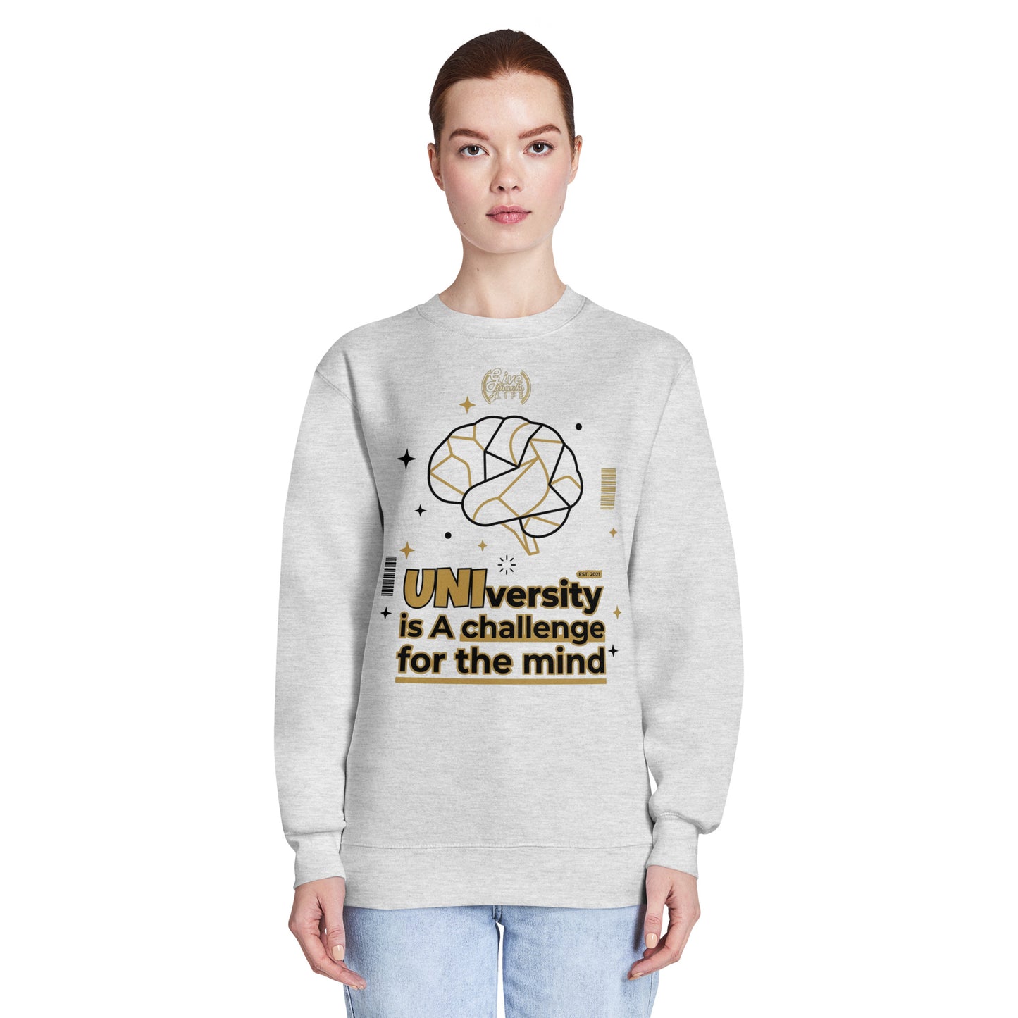 Person wearing a gray sweatshirt with a graphic design and text on a white background